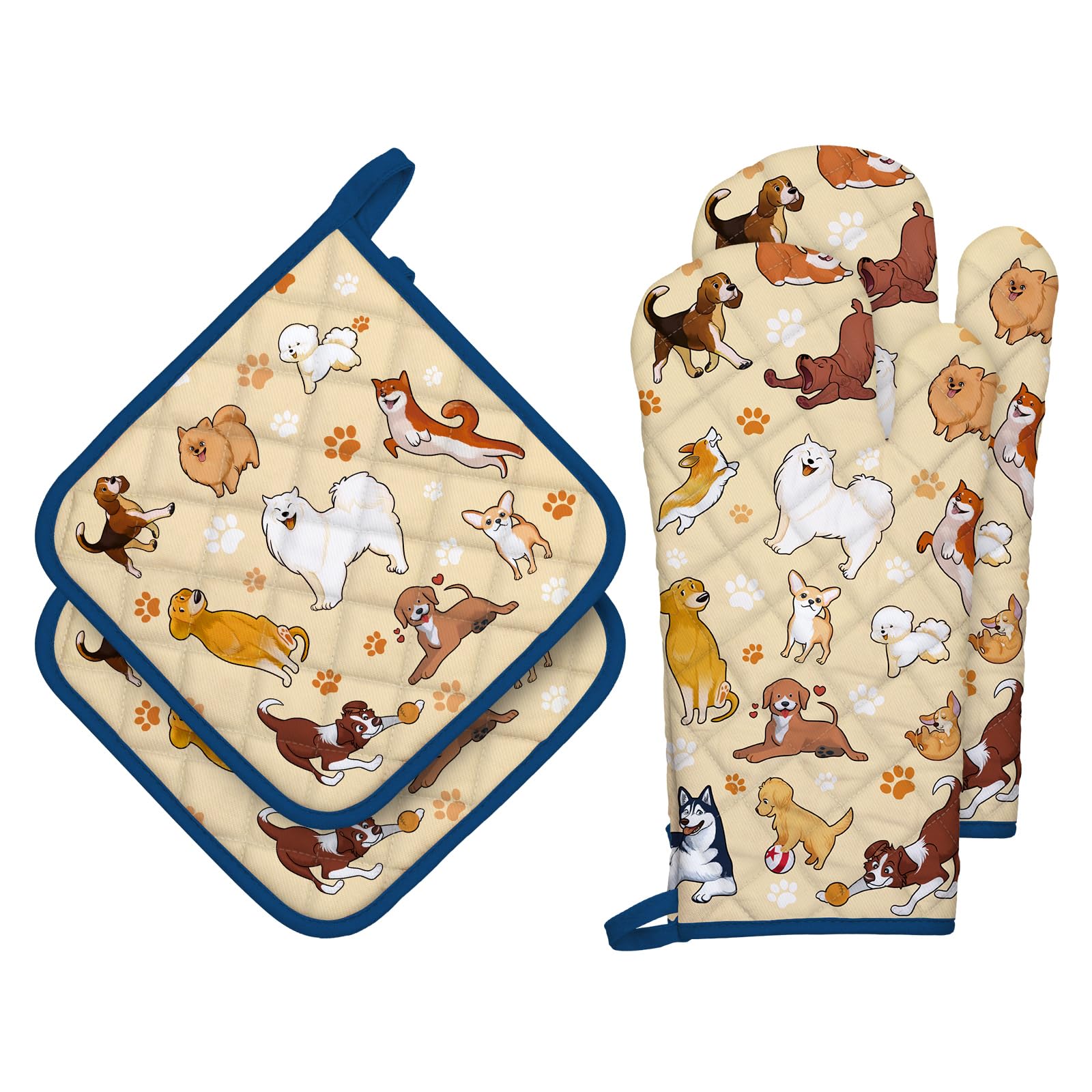Arquiel Dogs Oven Mitts And Pot Holders Sets 4Pcs, 100% Cotton Heat Resistant, Extra Long Oven Gloves Potholder For Kitchen Cook