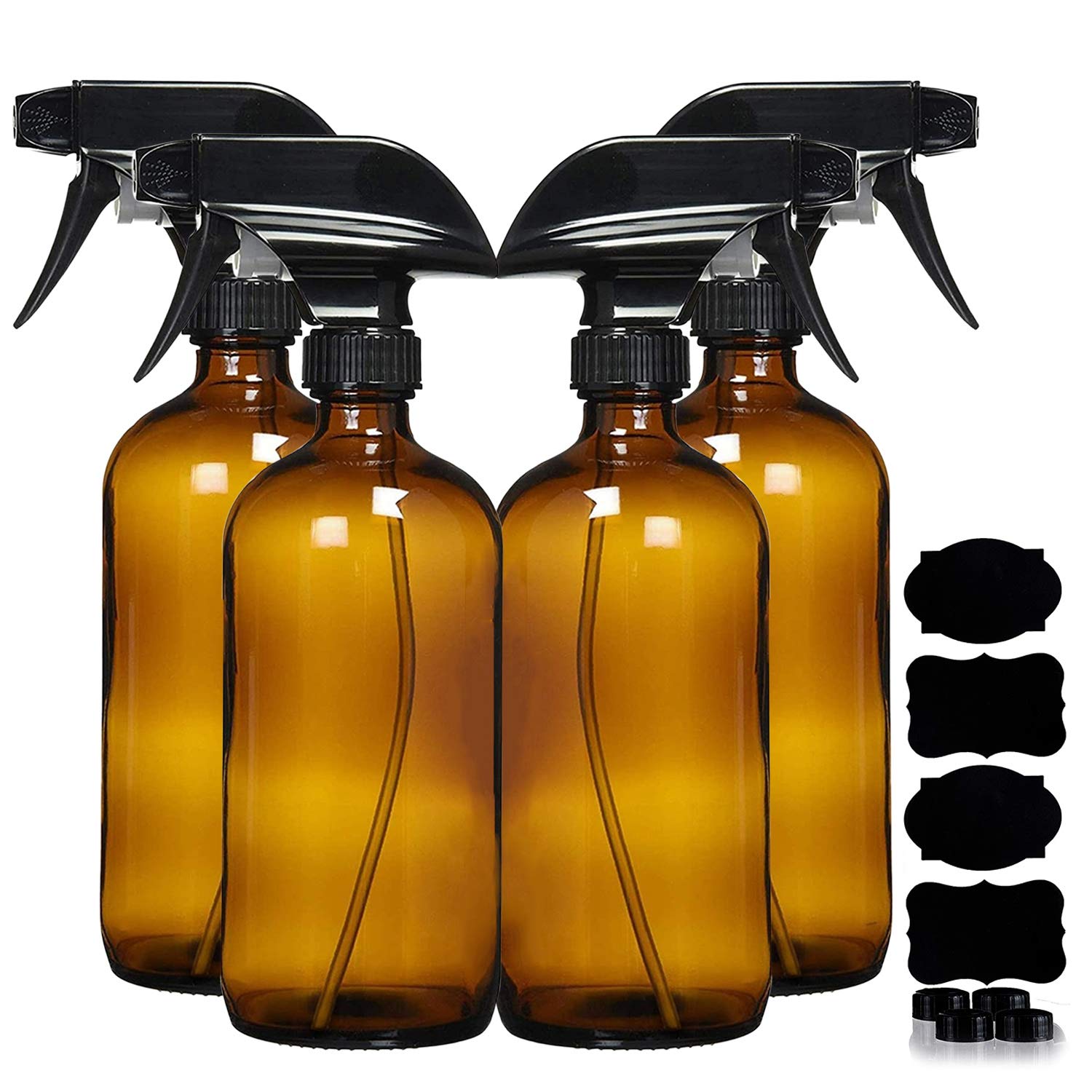 Amber Glass Spray Bottles For Cleaning Solutions (4 Pack) - 16 Ounce, Refillable Sprayer For Essential Oil, Water, Kitchen, Hair