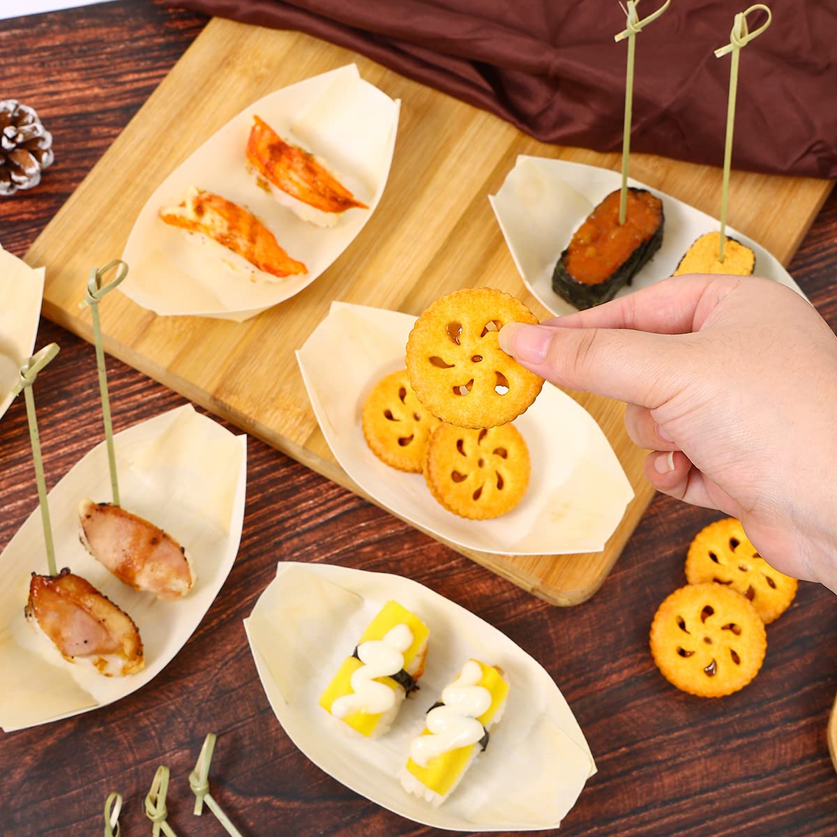 Wathfkcu 5.7 Inch Disposable Bamboo Wooden Sushi Boat Plate Bamboo Appetizer Plates Dishes Sushi Serving Tray Wooden Leaf Boat W