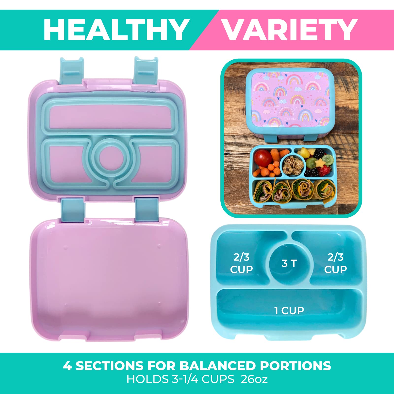 Kinsho Kids Bento Lunch Box, Reusable Meal And Snack Container, Lunch Boxes For Small Girls & Toddlers Lunches, 4 Compartment -