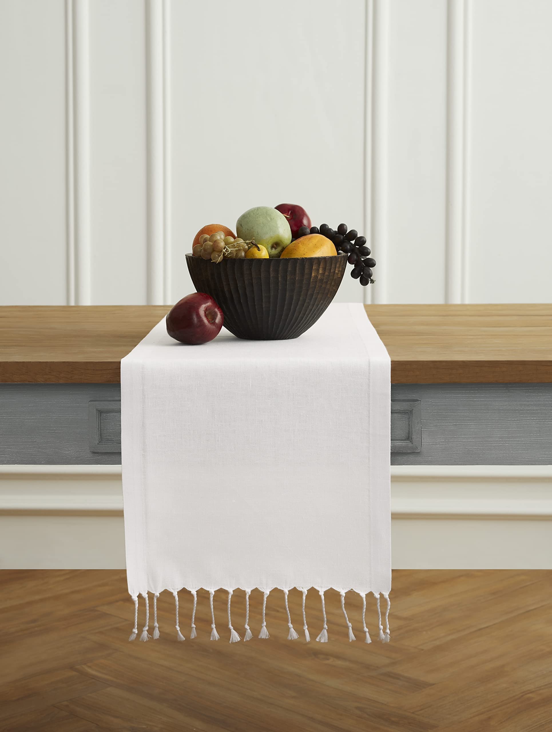 Solino Home Linen Tassels Table Runner - 14 X 108 Inch Long White - 100% Pure Linen Twisted Turkish Table Runner For Spring, Sum