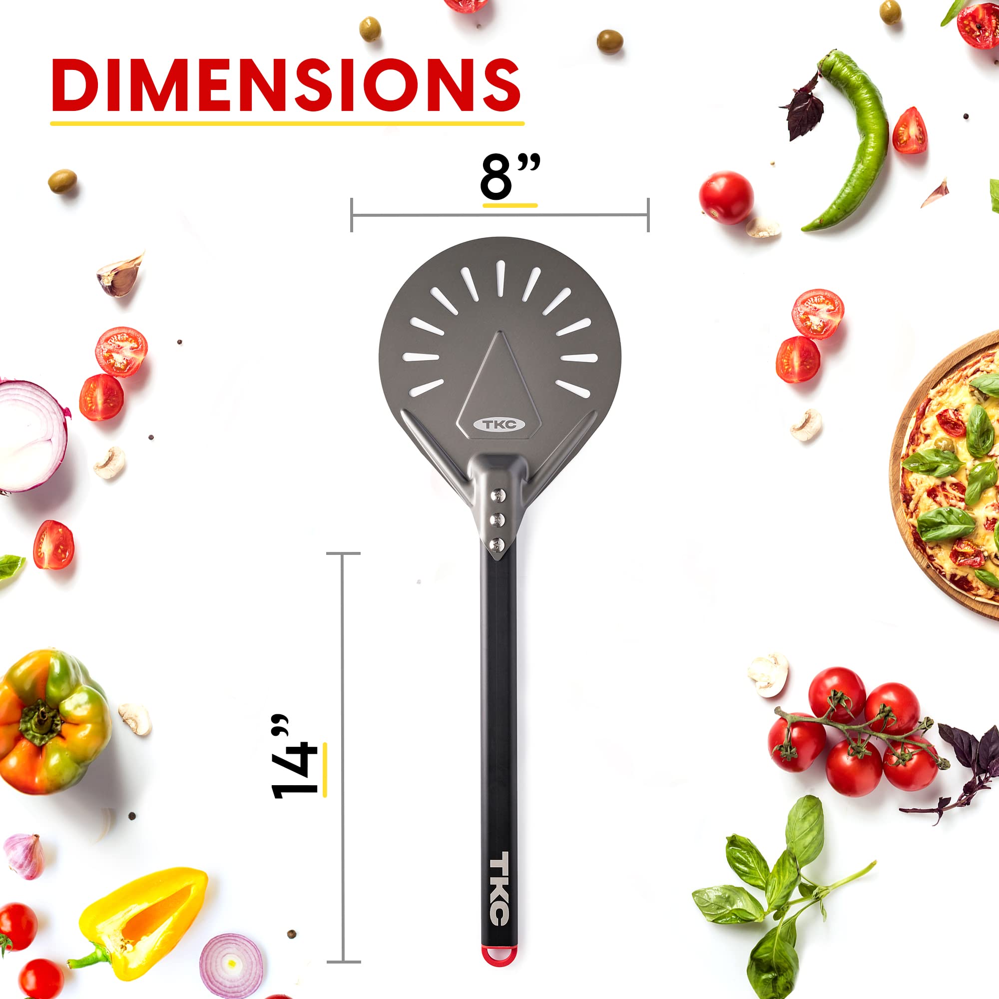 Tkc 12'', 8'' Perforated Pizza Peels - Professional Aluminum Pizza Turning Peel - Long Handle Metal Pizza Spatula For Indoor And