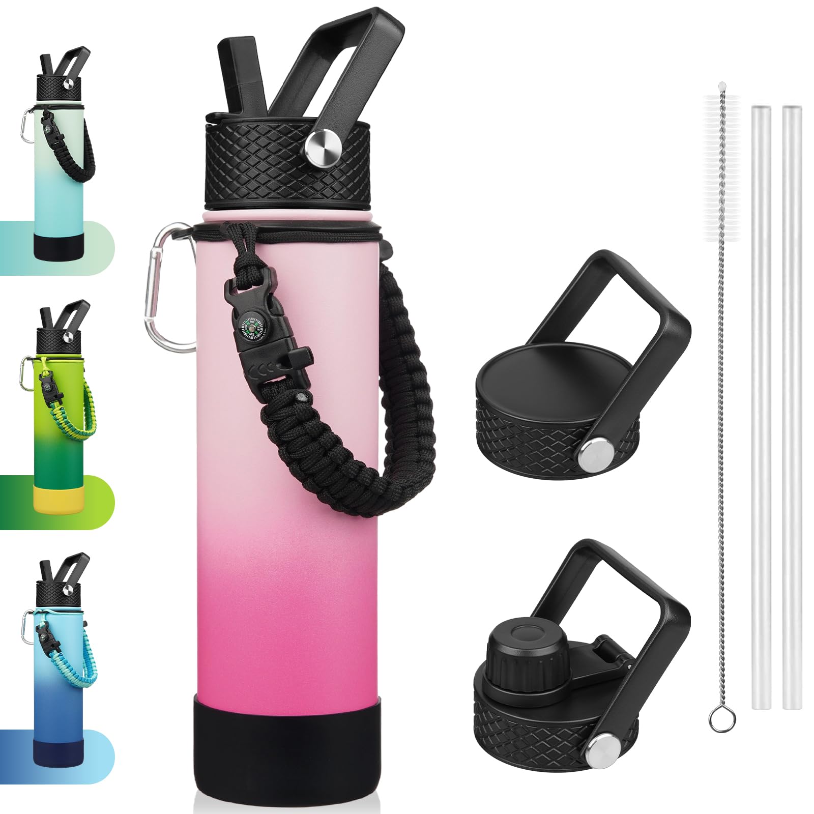 BJPKPK 27oz Insulated Water Bottles with 3 Lids, Paracord Handle & Non-slip Boot, Stainless Steel Metal Water Bottle with Straw,