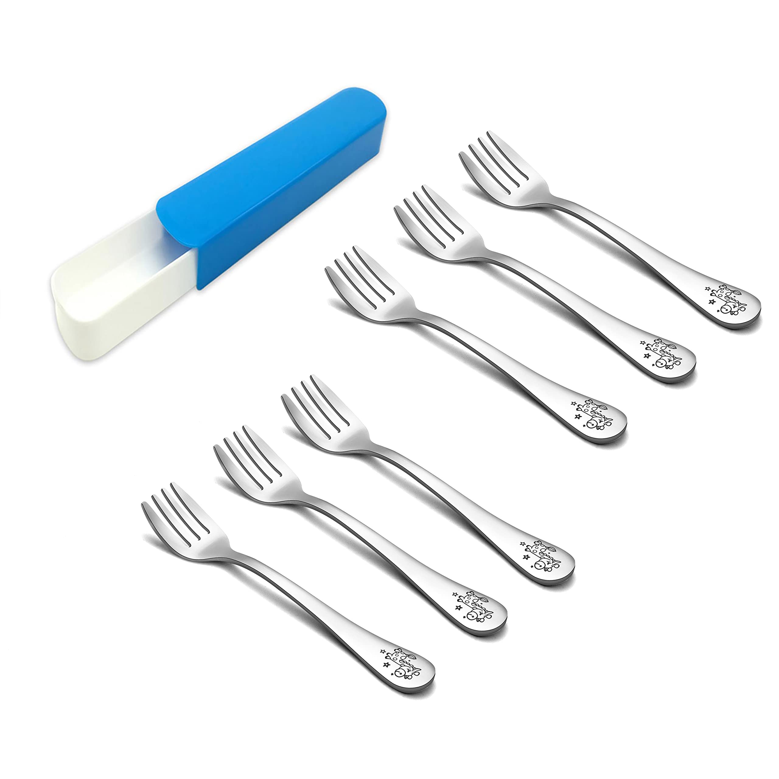Teamfar Toddler Fork, Stainless Steel Toddler Utensils Forks Set Of 6, Non Toxic & Healthy, Cute Animals & Attached Travel Case