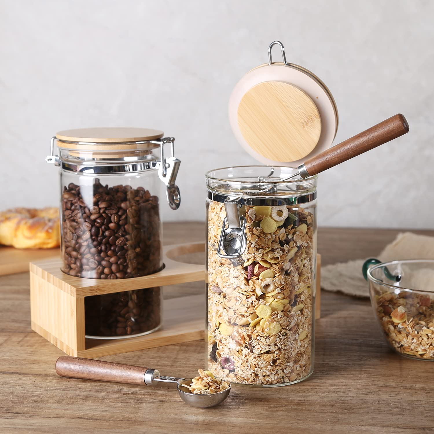 Kkc Glass Coffee And Sugar Containers With Airtight Hinged Lids,Sealed Glass Jar Canisters With Scoops For Ground Coffee,Beans,L