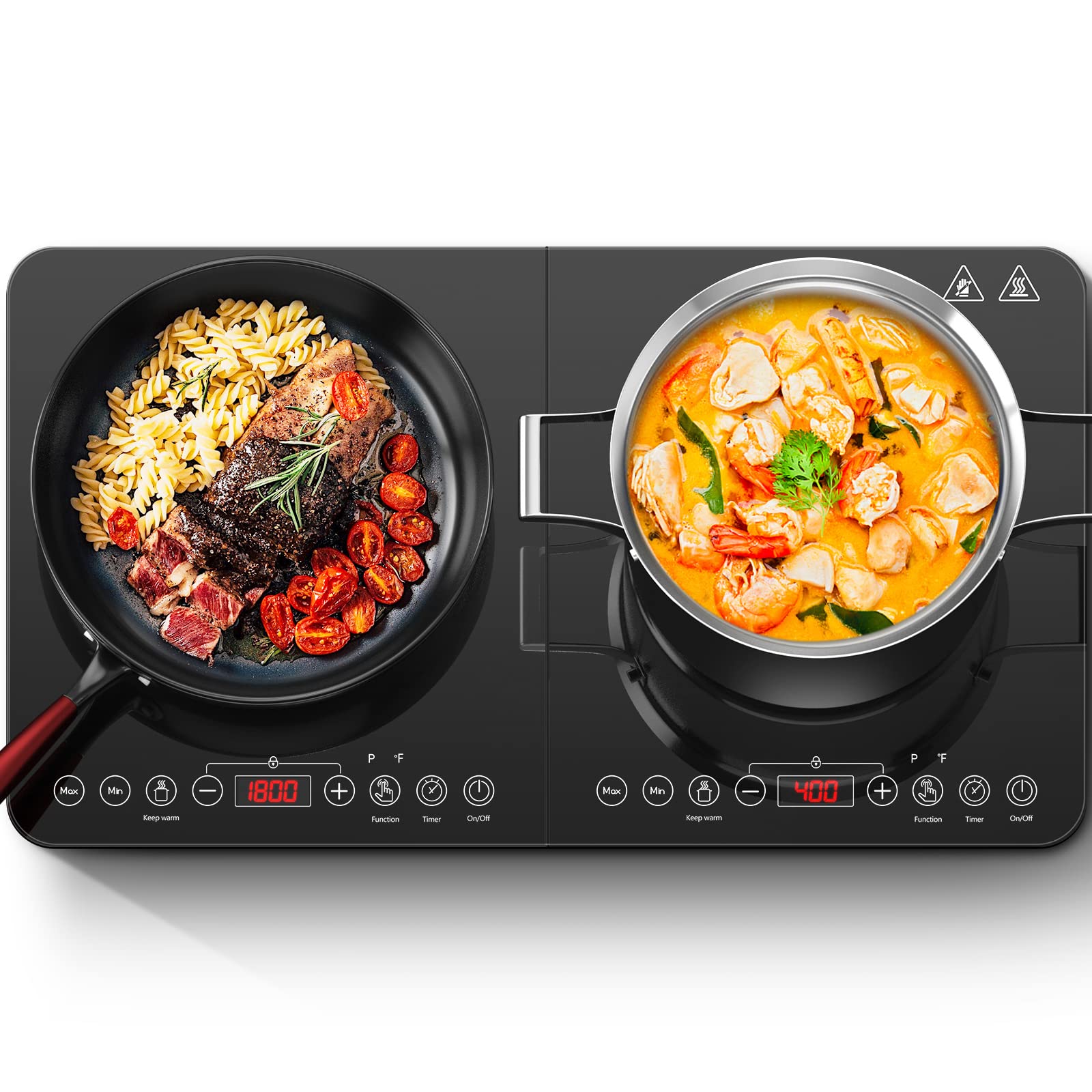 Aobosi Double Induction Cooktop,Portable Induction Cooker With 2 Burner Independent Control,Ultrathin Body,10 Temperature,1800W-