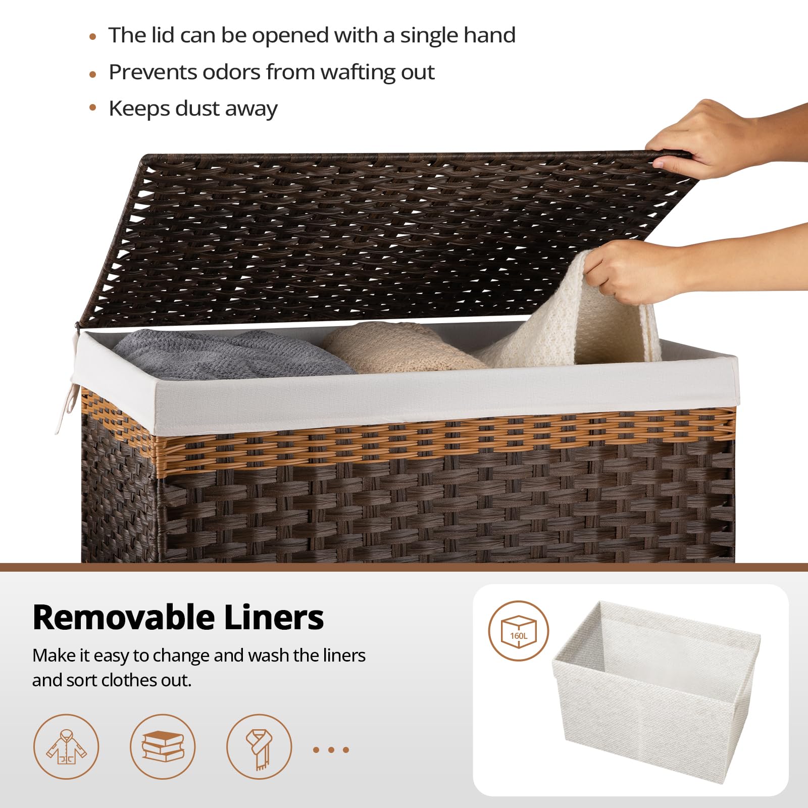 Oiahomy Extra Large Storage Basket With Lid, 42.3 Gallon (160L) Blanket Basket With Removable Liner Bag, Wicker Basket With Hand