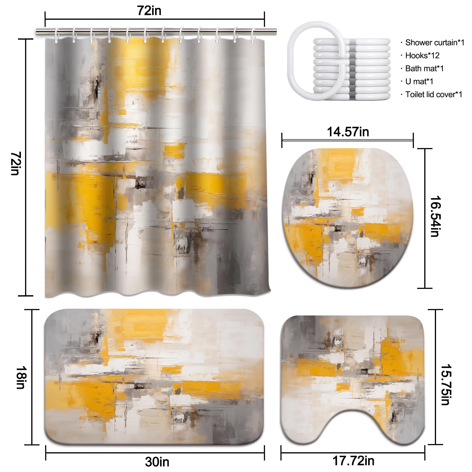 Lnond 4Pcs Bathroom Shower Curtain Sets With Rugs,Yellow Grey Ombre Bathroom Sets With Shower Curtain And Rugs And Accessories