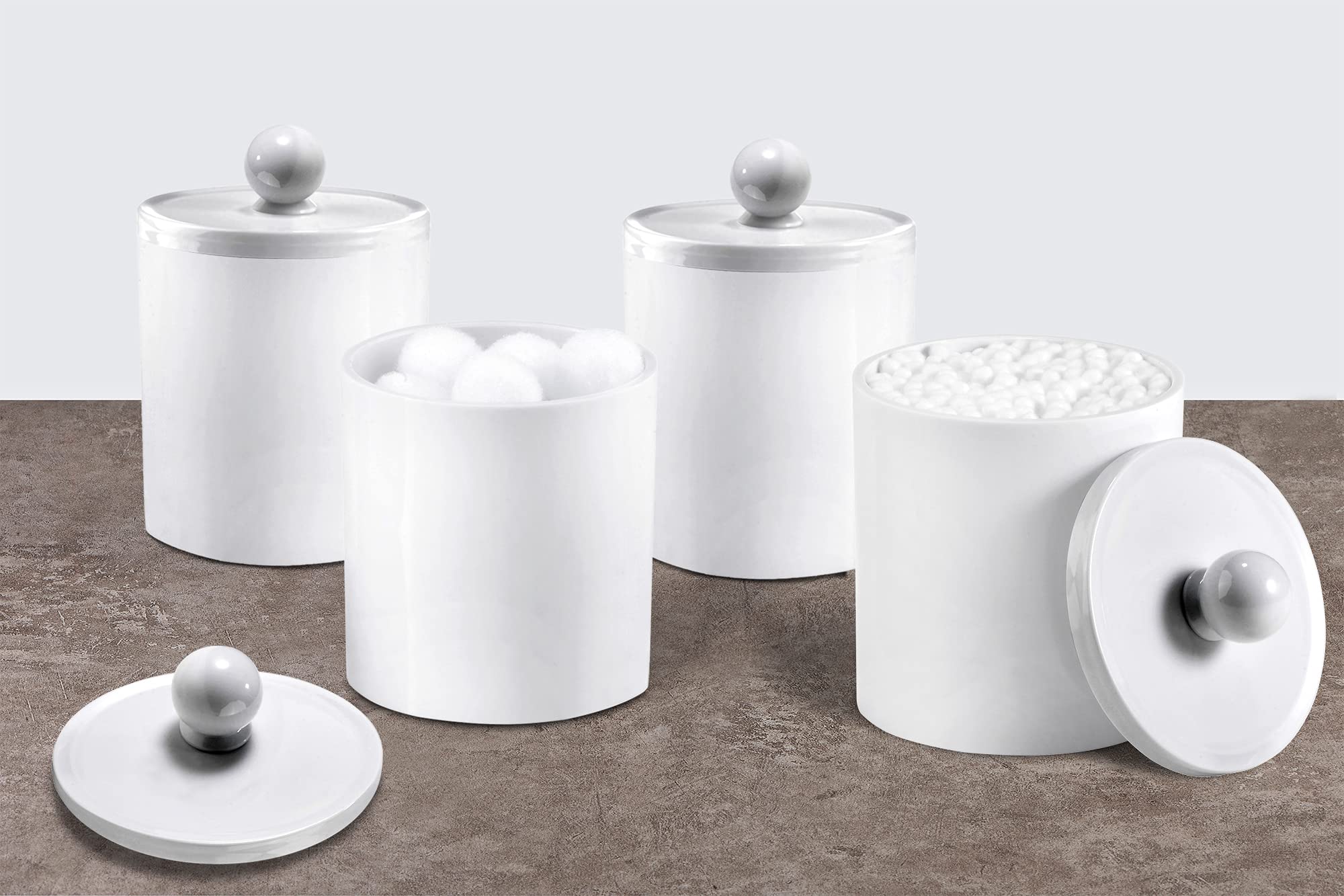 6 Pack of 12 Oz. Qtip Dispenser Apothecary Jars Bathroom with Labels - Qtip Holder Storage Canister Clear Plastic Acrylic Jar for Cotton Ball Cotton Swab Cotton Rounds Floss Picks  Hair Clips (White)