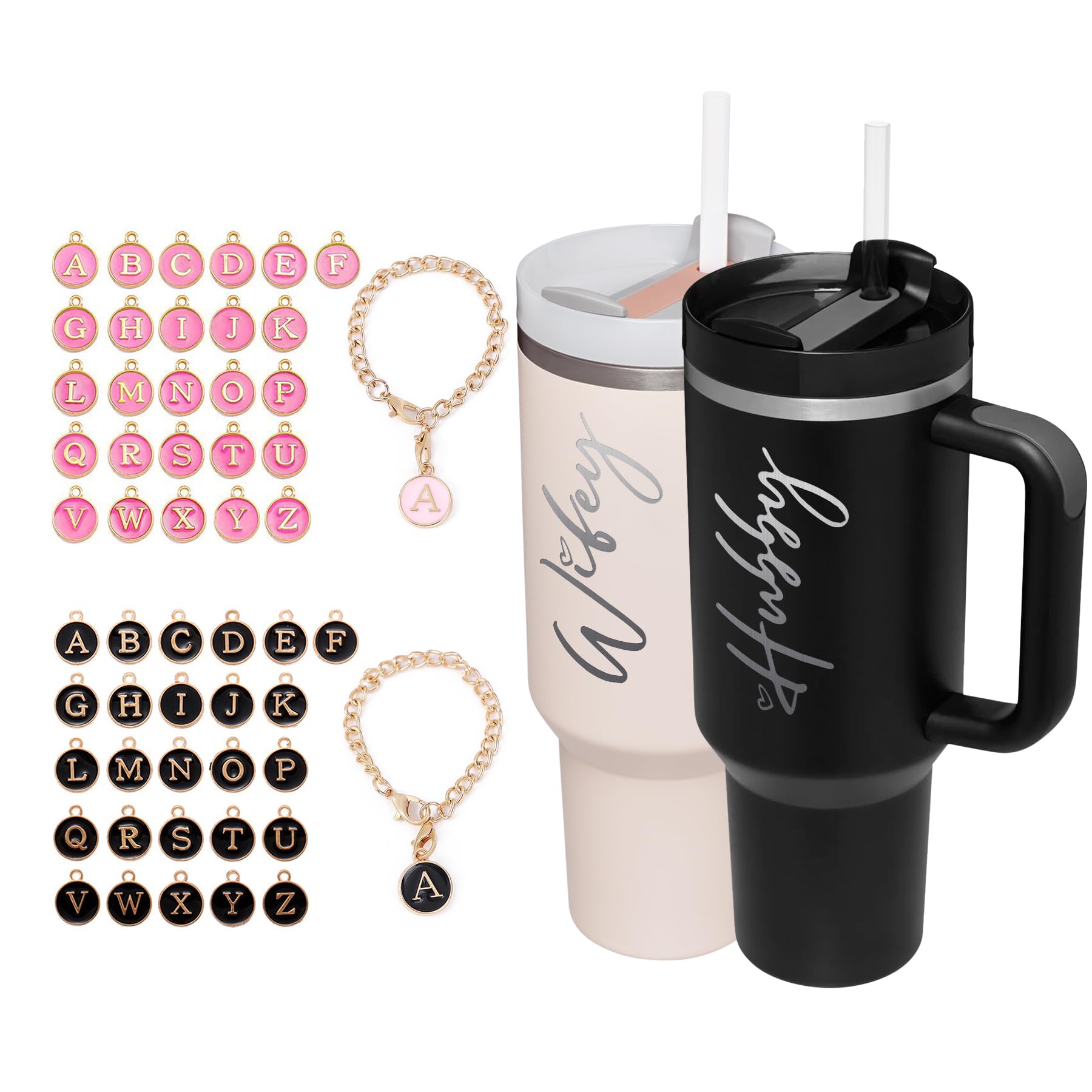 JETIKON Wifey Hubby 40 oz Tumbler Cup for Couples with Handle Lids Straws Letter Charm Accessories 2 Pack Wedding Gifts for Coup