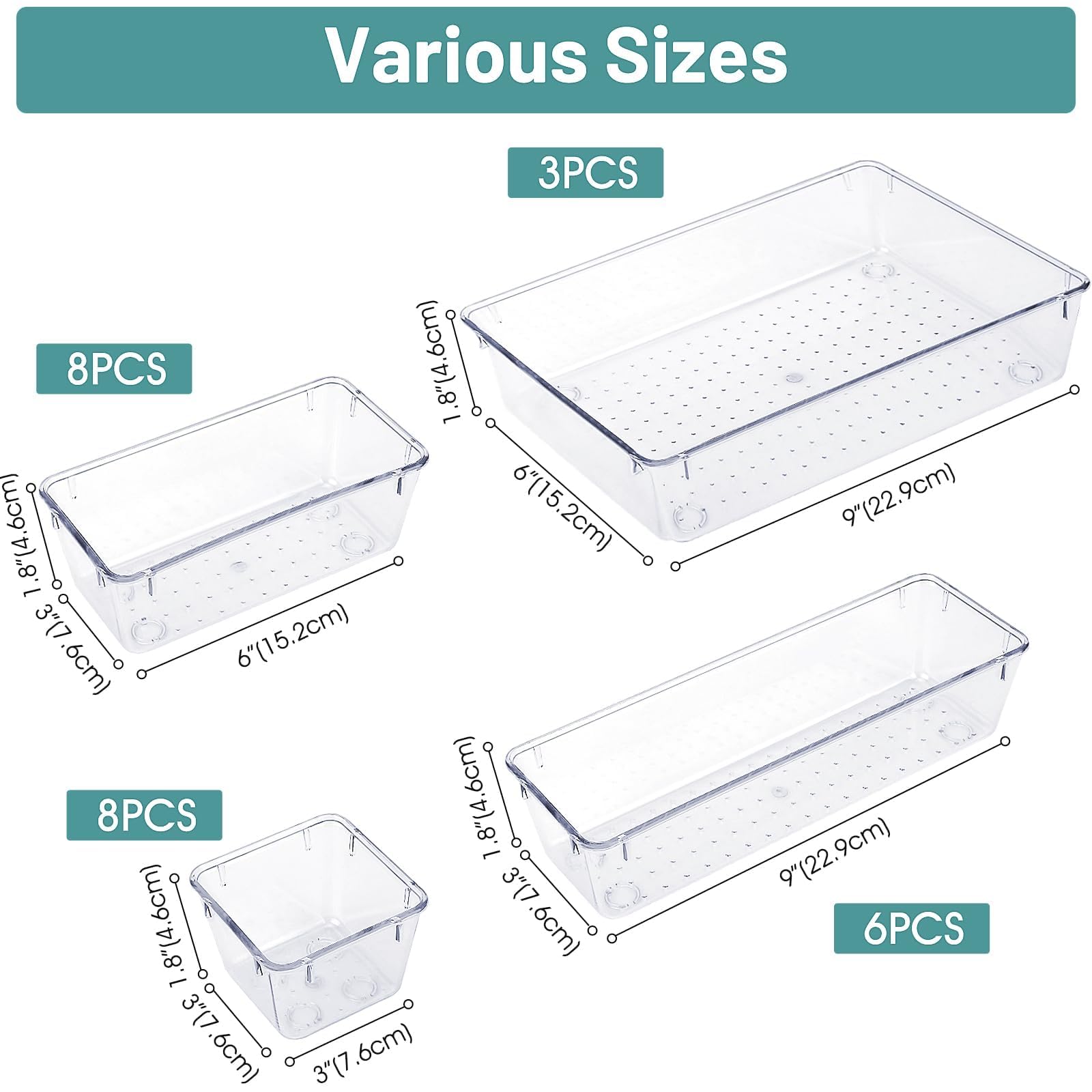 WOWBOX 25 PCS Clear Plastic Drawer Organizer Set, 4 Sizes Desk Drawer Divider Organizers and Storage Bins for Makeup, Jewelry, G