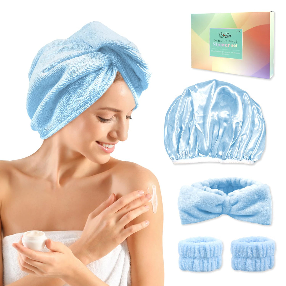 my novel things Hair towel wrap for women, Shower cap reusable waterproof, Shower cap and Hair Towel set, Come with a spa headba