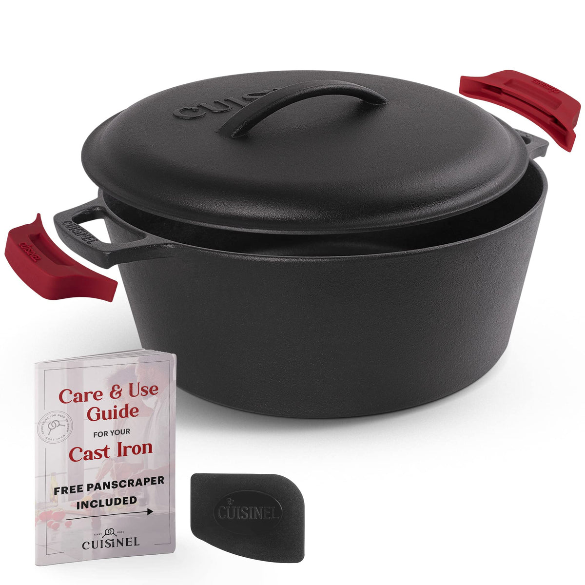 Cuisinel Cast Iron Dutch Oven - 7-Quart Deep Pot + Lid + Pan Scraper + Handle Covers - Large Pre-Seasoned Cooker For Baking Brea