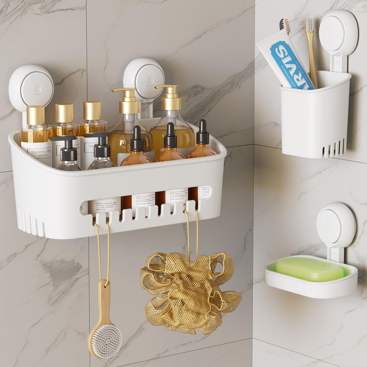 Leverloc Shower Caddy Suction Cup Set Shower Shelf Shower Basket No-Drilling Removable Suction Shower Organizer Powerful Waterpr