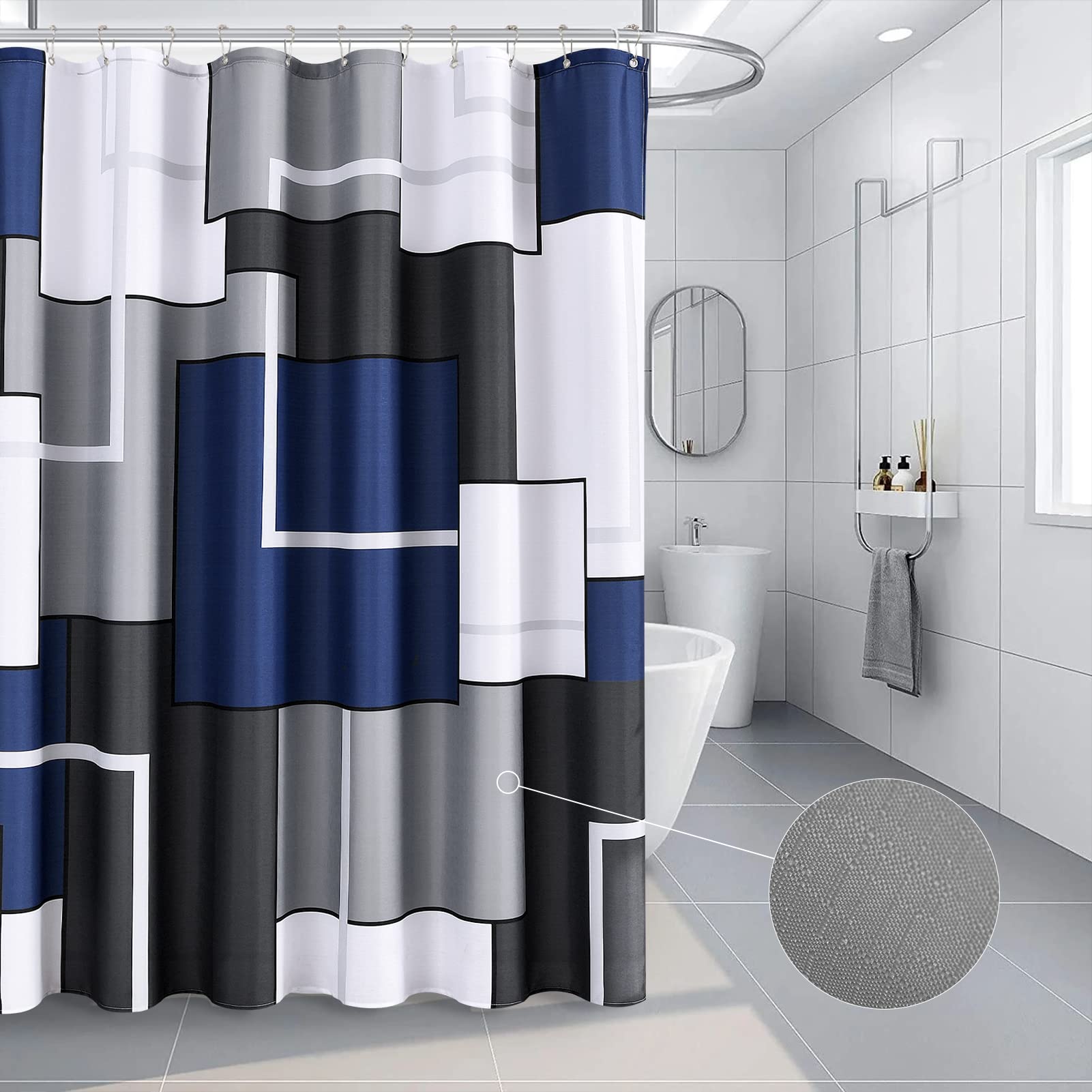 Blue Shower Curtain Set With Hooks Blue And White Morden Shower Curtains For Bathroom Fabric Grey Shower Curtain Abstract Geomet