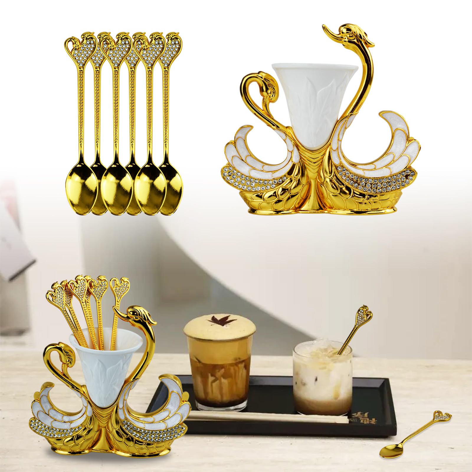 Coffee Spoon Set, Metal Swan Base Holder Dessert Spoon Organizer With 6Pcs Spoons Teaspoon Dessert Flatware Set For Coffee Fruit