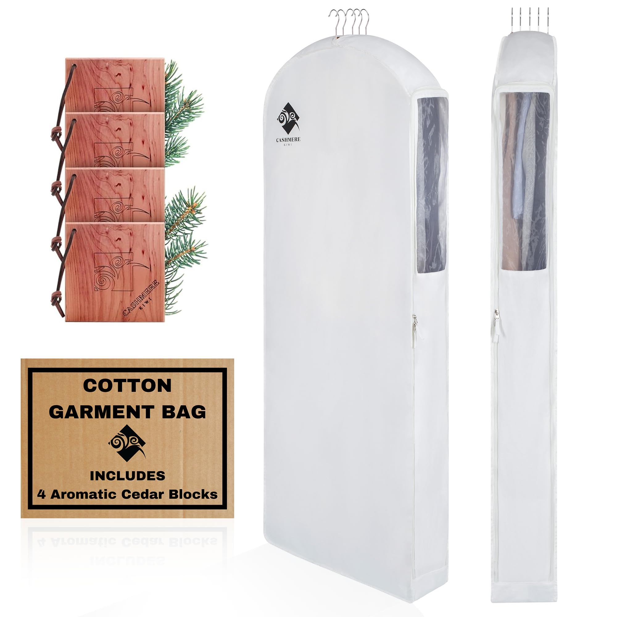 Premium 60    Cotton Garment Bag For Hanging Clothes And Storage | Wide 6    Gusset & 4 Cedar Blocks For Fresh Smell And Clothes