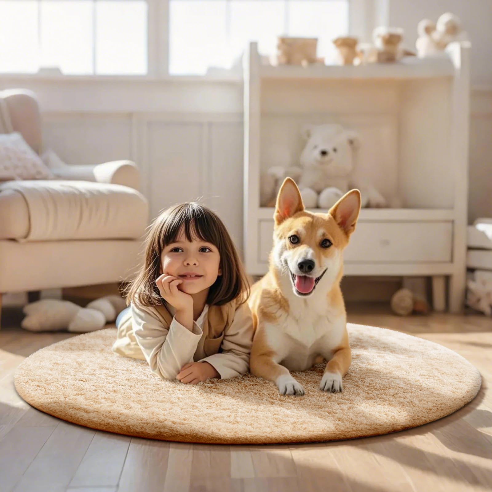 Ophanie Round Rug 4Ft Beige Circle Area Rug, Fluffy Fuzzy Small Bedroom Carpet, Plush Soft Shaggy Floor Living Room Circular Chr