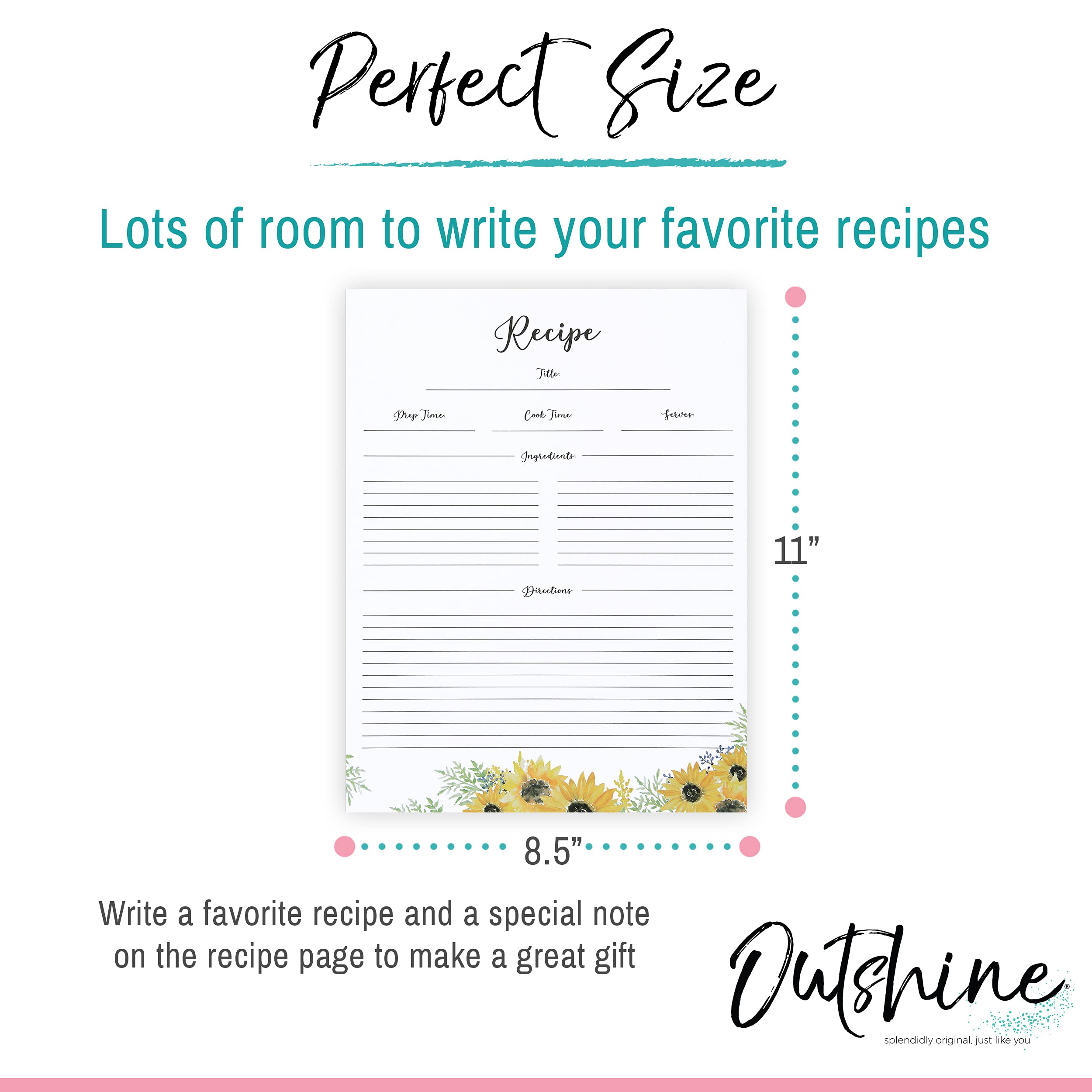 Outshine Premium Recipe Paper for 8.5'' x 11'' Recipe Binders  Sunflower Design (50 Sheets) | Refill Pages for Recipe Binder | No-Smear Matte Paper | Great Gift for Mom  Sister  Daughter  Friend