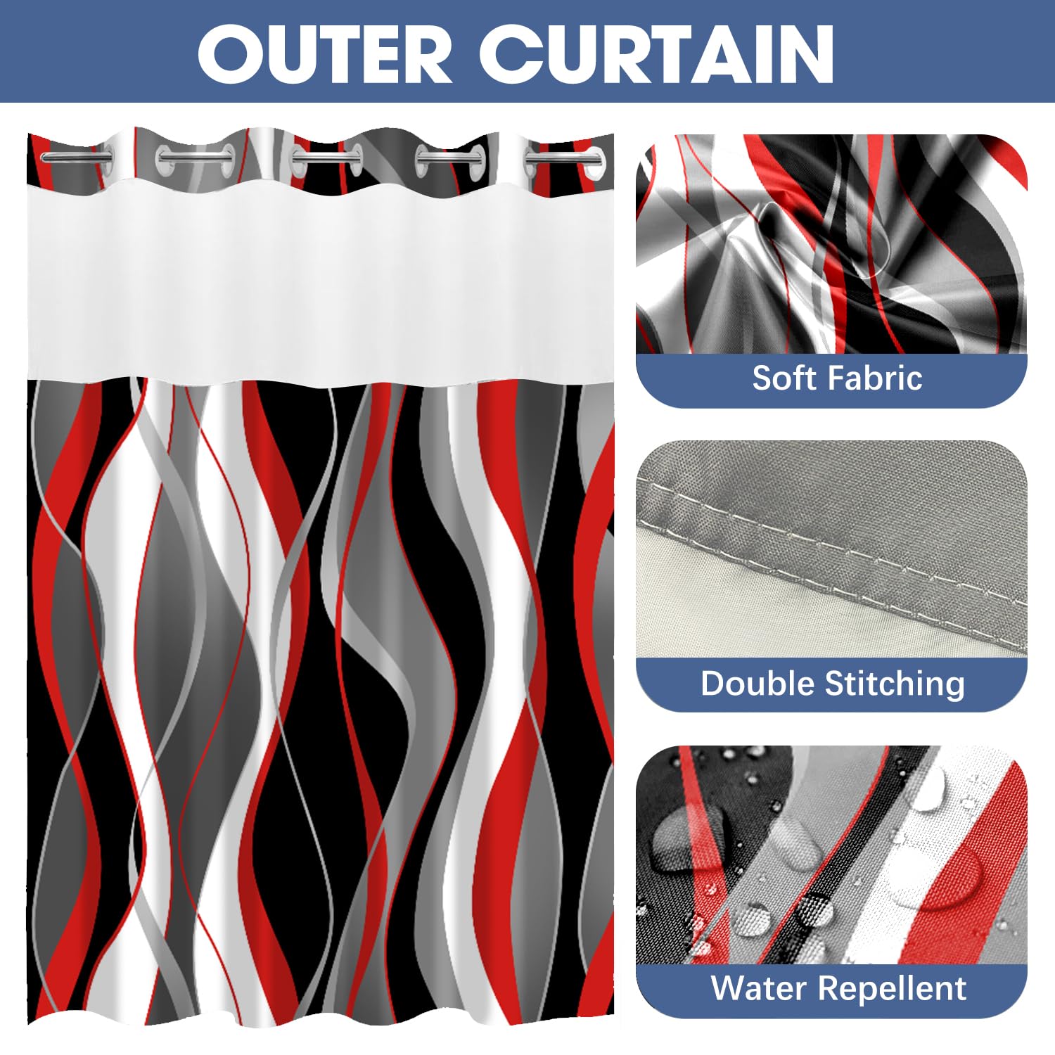 Nkzply No Hook Shower Curtain And Liner Set Red Striped Shower Curtain With Snap In Liner Fabric Shower Curtain With Liner Moder