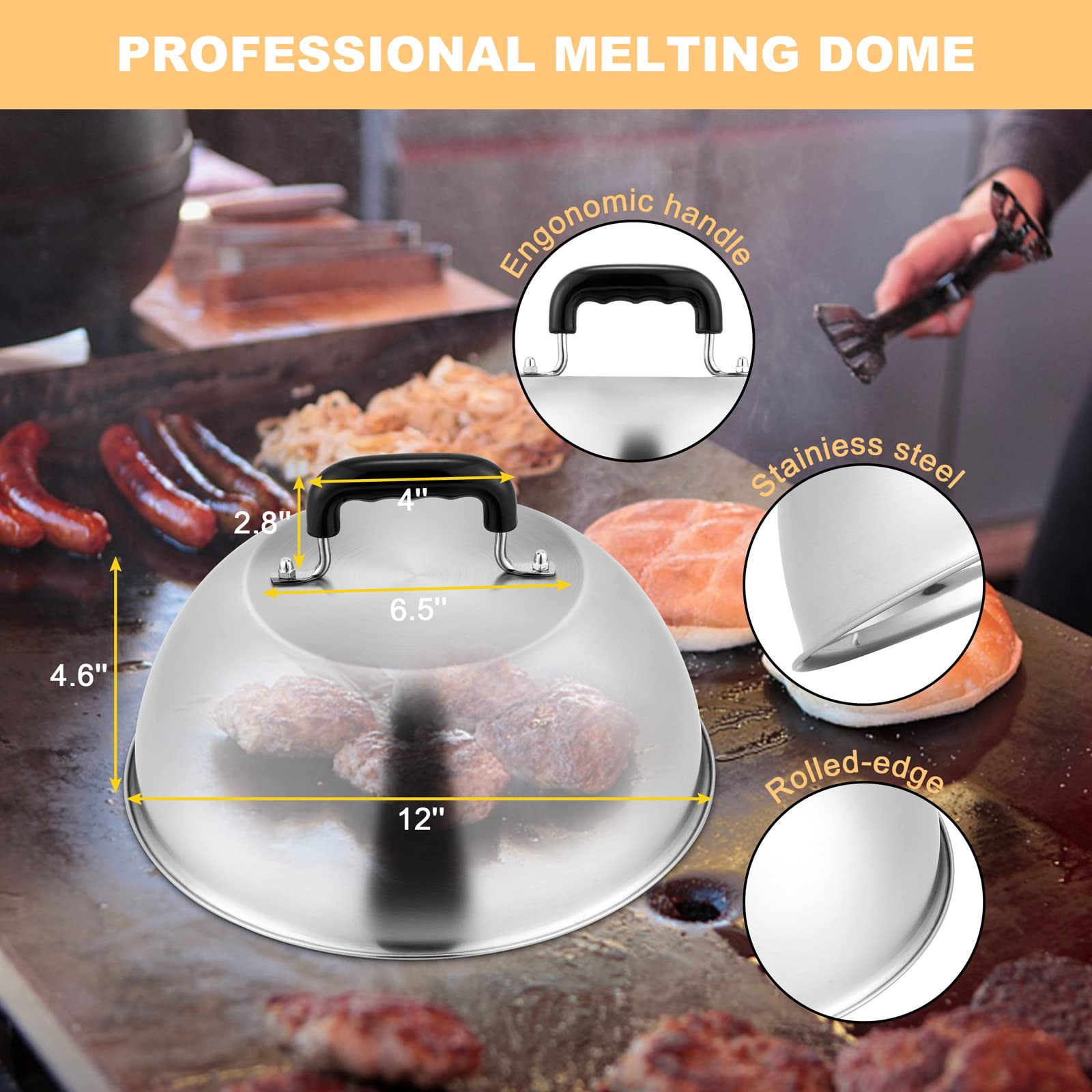 Melting Dome Set Of 2, Hasteel Stainless Steel Large 12In Basting Steaming Cover For Griddle Grill Teppanyaki Flat Top, Great Fo