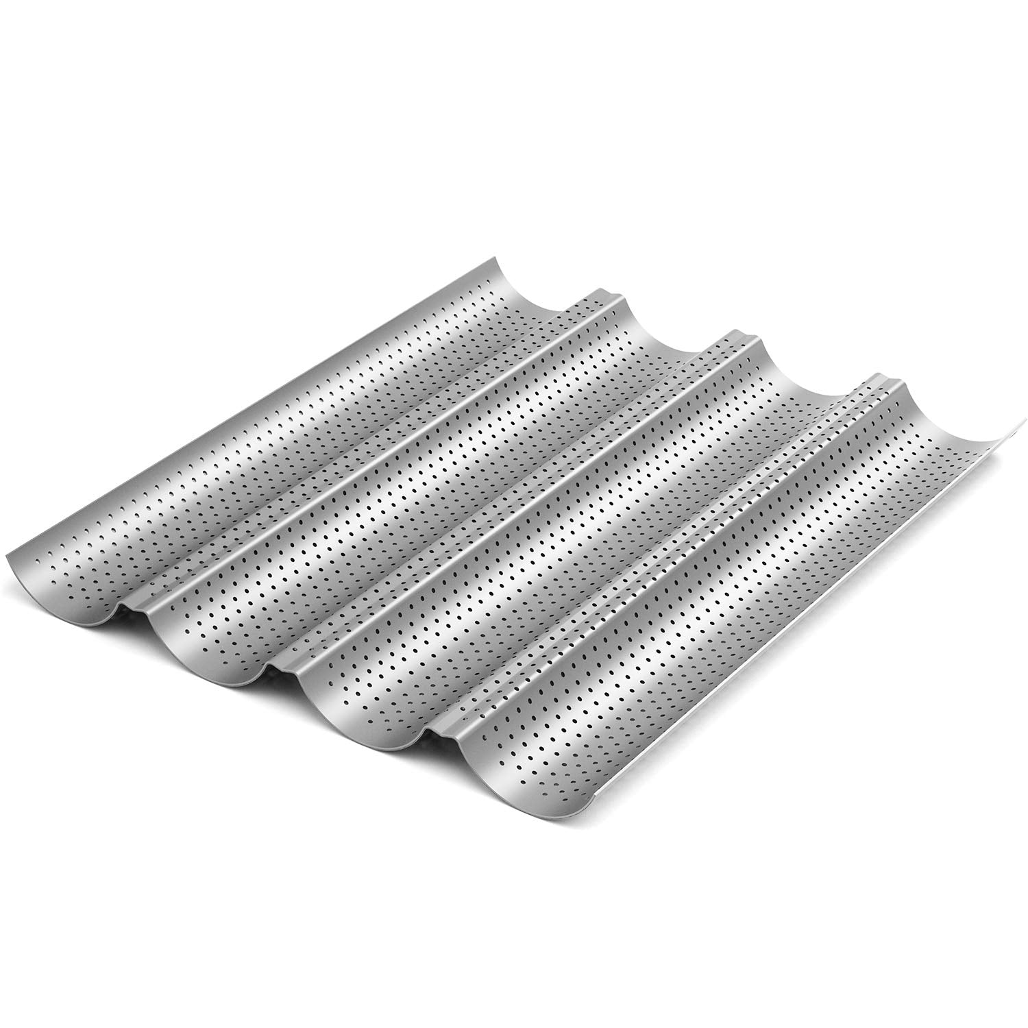 2 Pack Nonstick Perforated Baguette Pan 15'' X 13'' For French Bread Baking 4 Wave Loaves Loaf Bake Mold Oven Toaster Pan (Silve