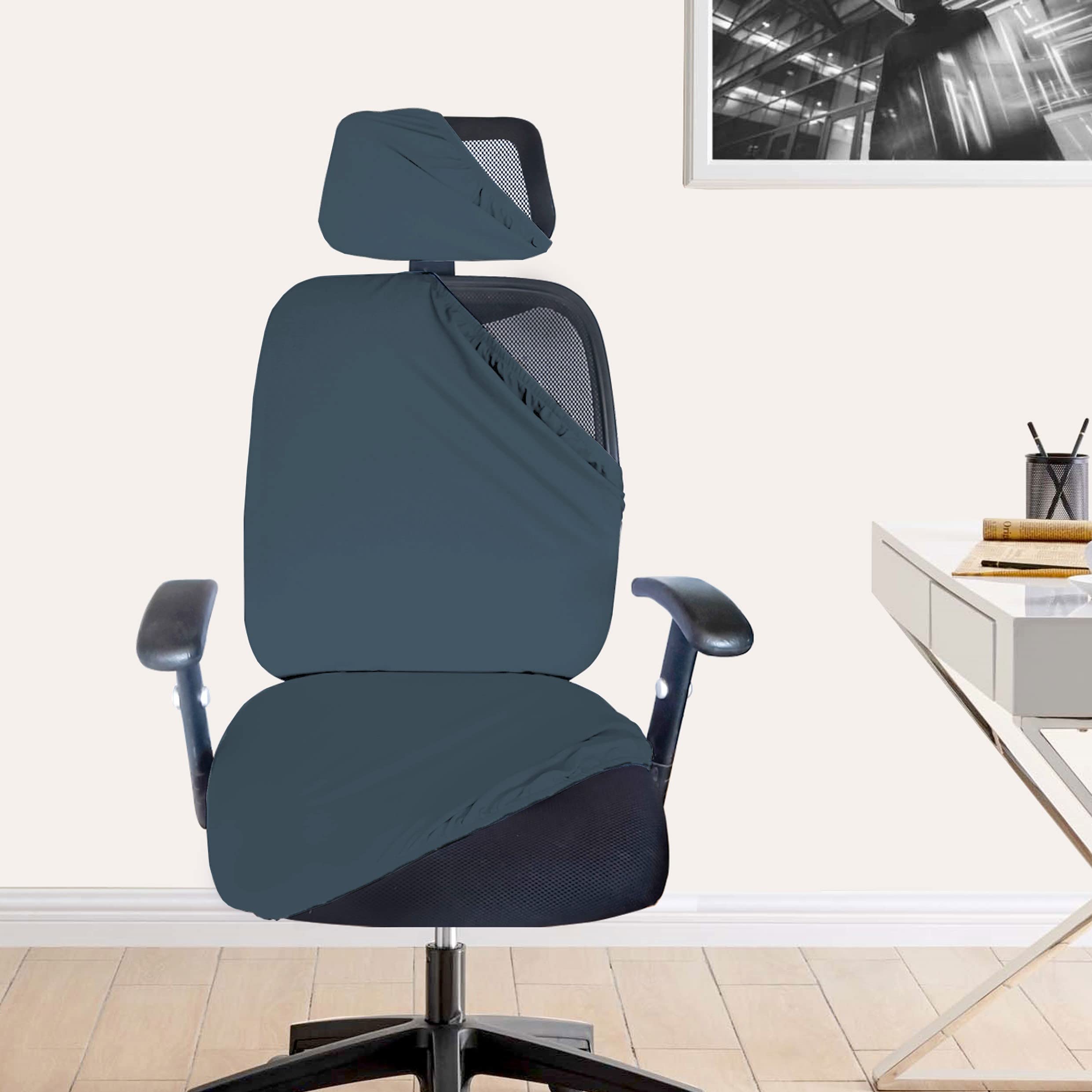 Hotkei 3 Piece Dark Grey Office Chair Cover With Headrest Cover 200Gsm Fabric Stretchable Removable Stain Proof Office Computer 