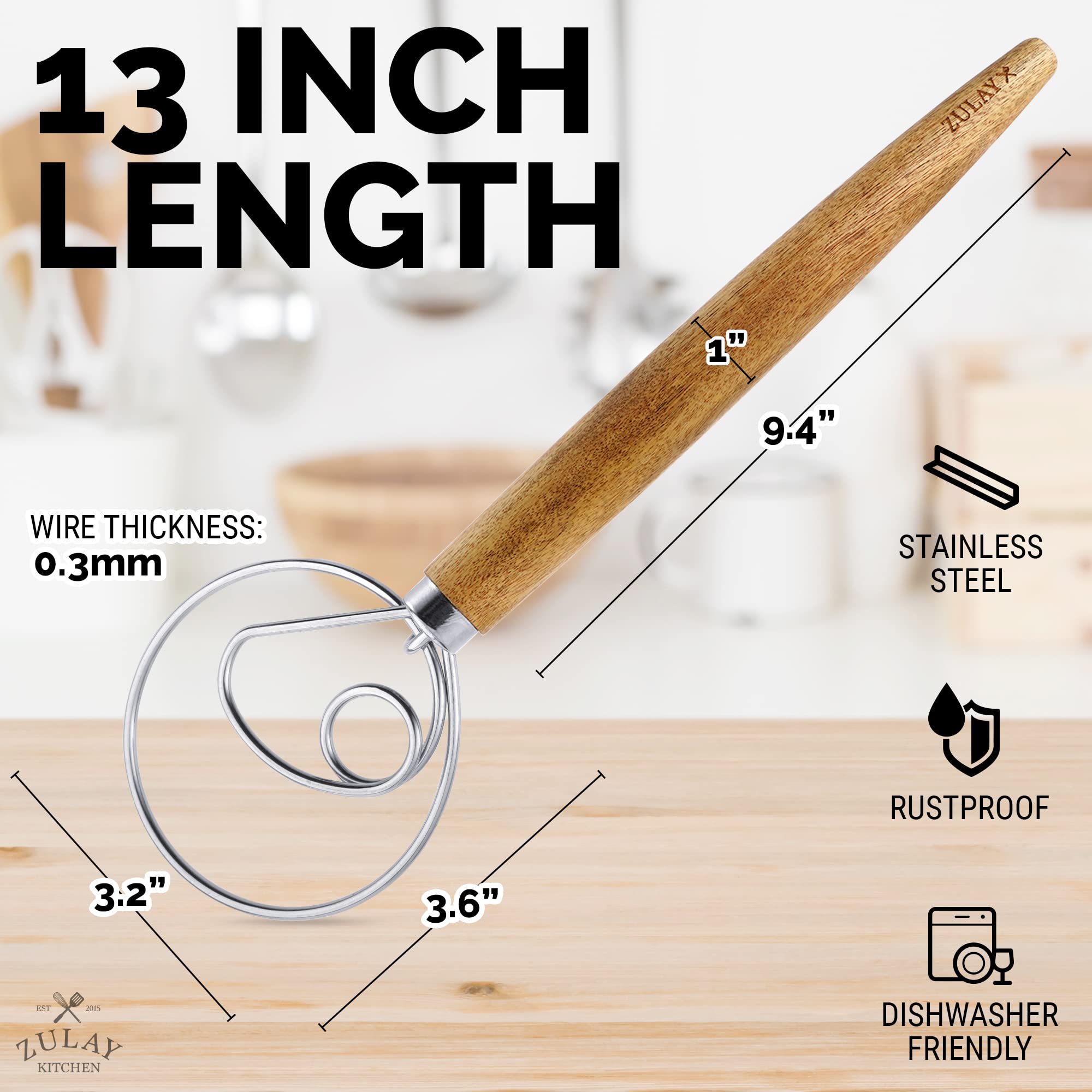 Zulay Kitchen 13 Inch Danish Dough Whisk - Large Wooden Danish Whisk For Dough With Stainless Steel Ring - Traditional Dutch Whi