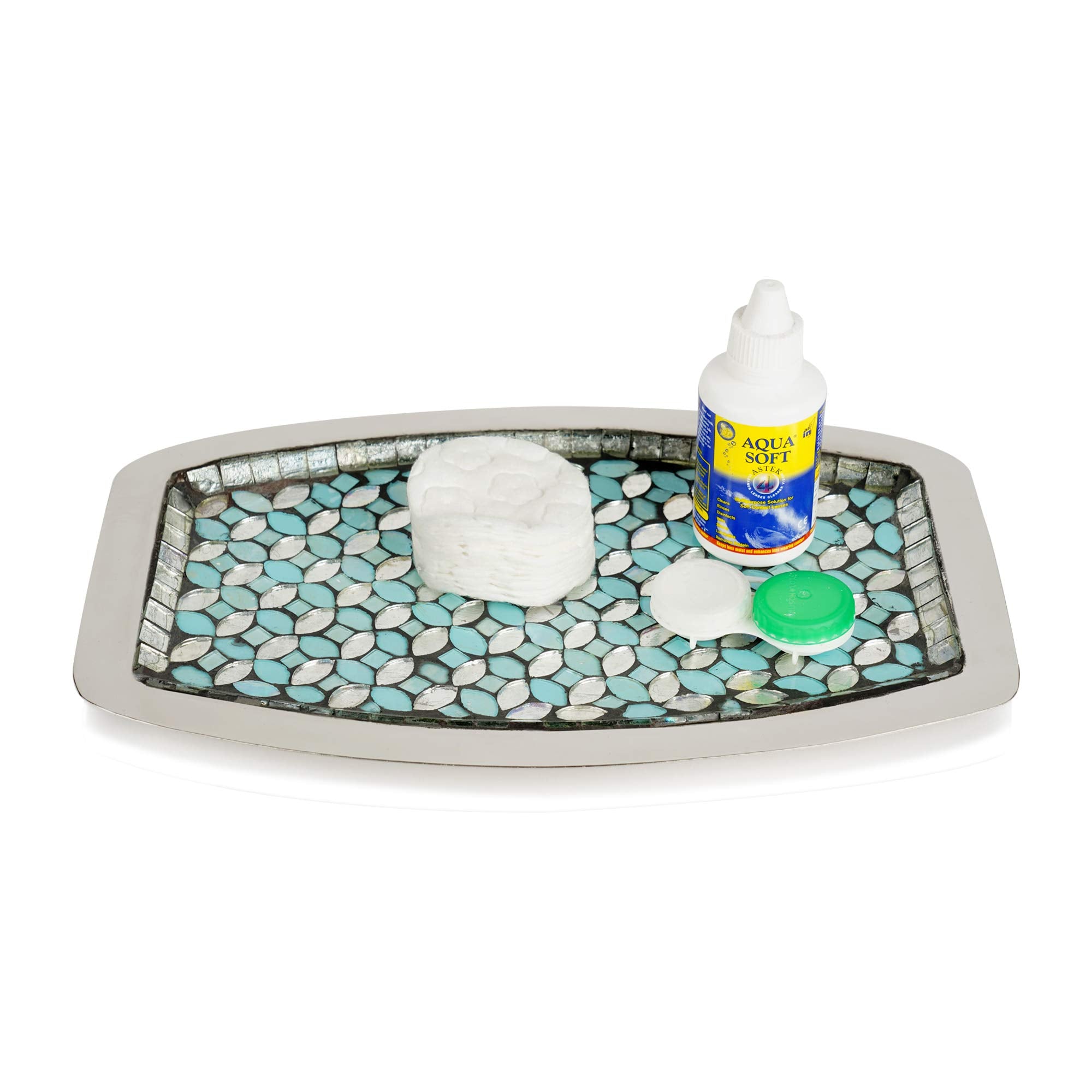 Nu Steel Sea Foam Amenity Tray In Aqua Blue/Silver Glass Mosaic/ Stainless Steel For Bathrooms & Vanity Spaces