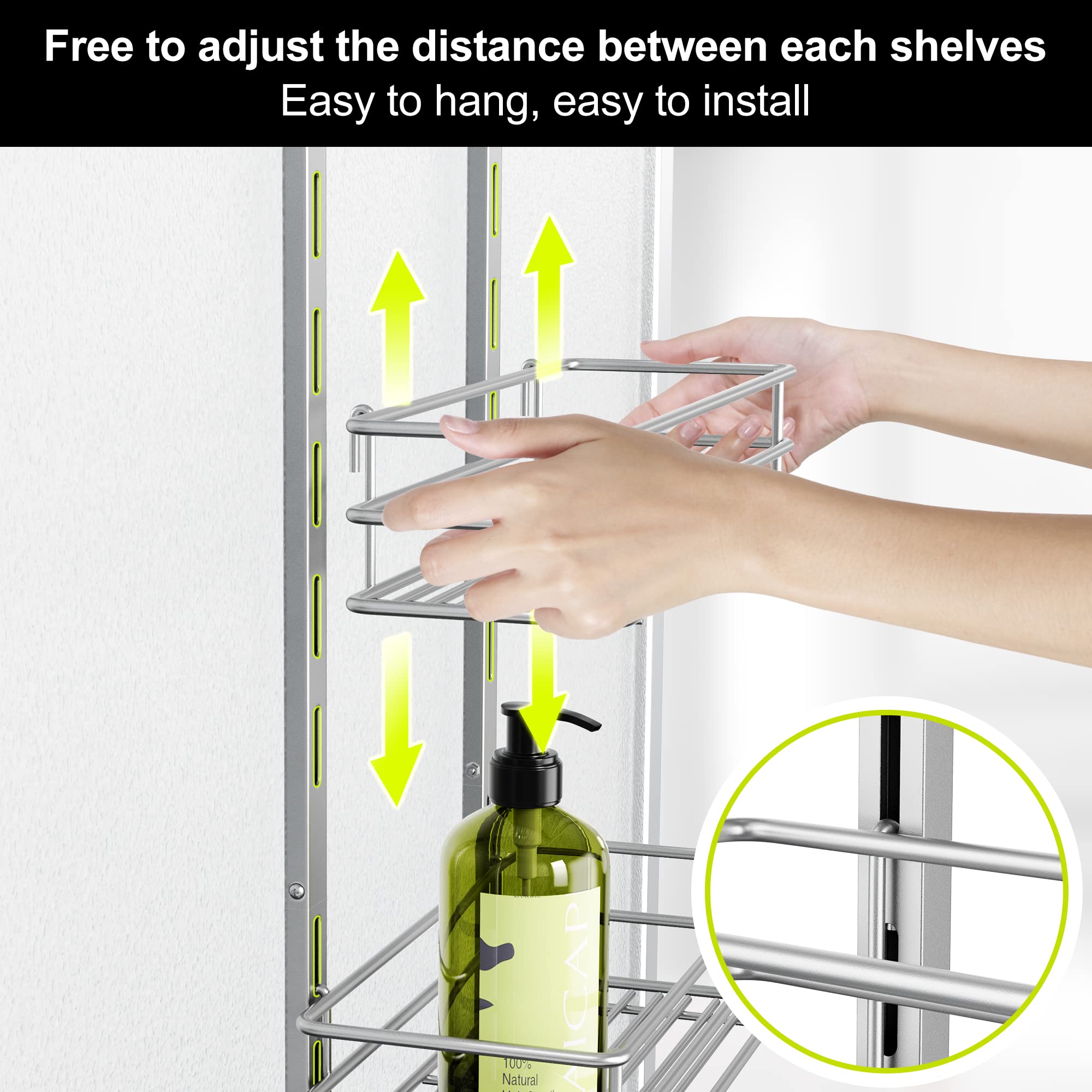 Orimade Over The Door Shower Caddy Adjustable 5 Tier Silver Grey,Bathroom Hanging Organizer Shelf Rustproof With 4 Hooks,Shower