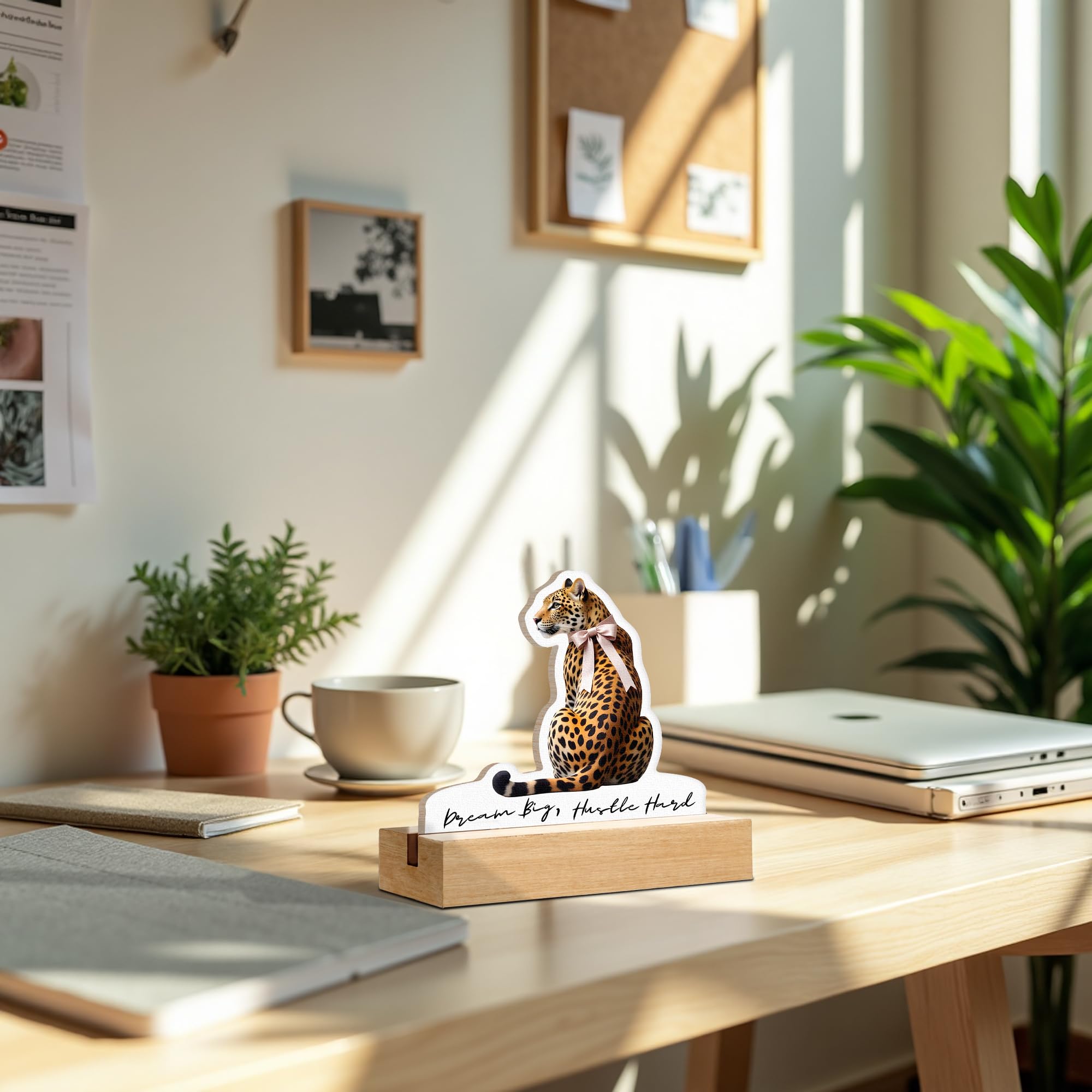 GTYNU Trendy Cheetah Desk Decor Sign, Funky Leopard with Coquette Bow Shaped Wood Sign Plaque with Wooden Stand for Home Office