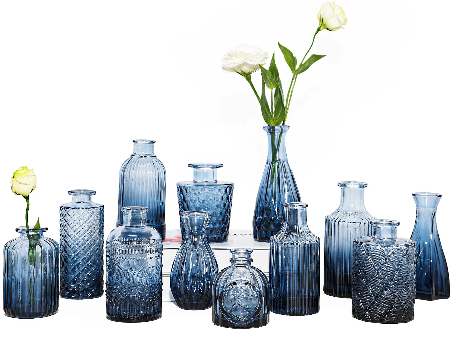TBWIND 12pcs Glass Bud Vases Set, Small Vases for Flowers, Blue Bud Vase for Centerpieces in Bulk, Mini Vintage Vase for Rustic 