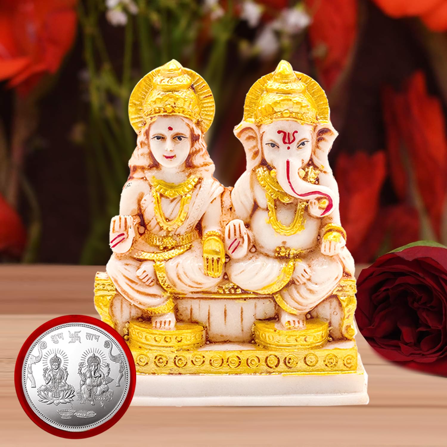 Kitlyn Laxmi Ganesh Statue/Idol Of Wealth For Success, Maha Dosh Nivaran, Good Luck | Laxmi Ganesh Coin | Pooja Ghar/Diwali Gift