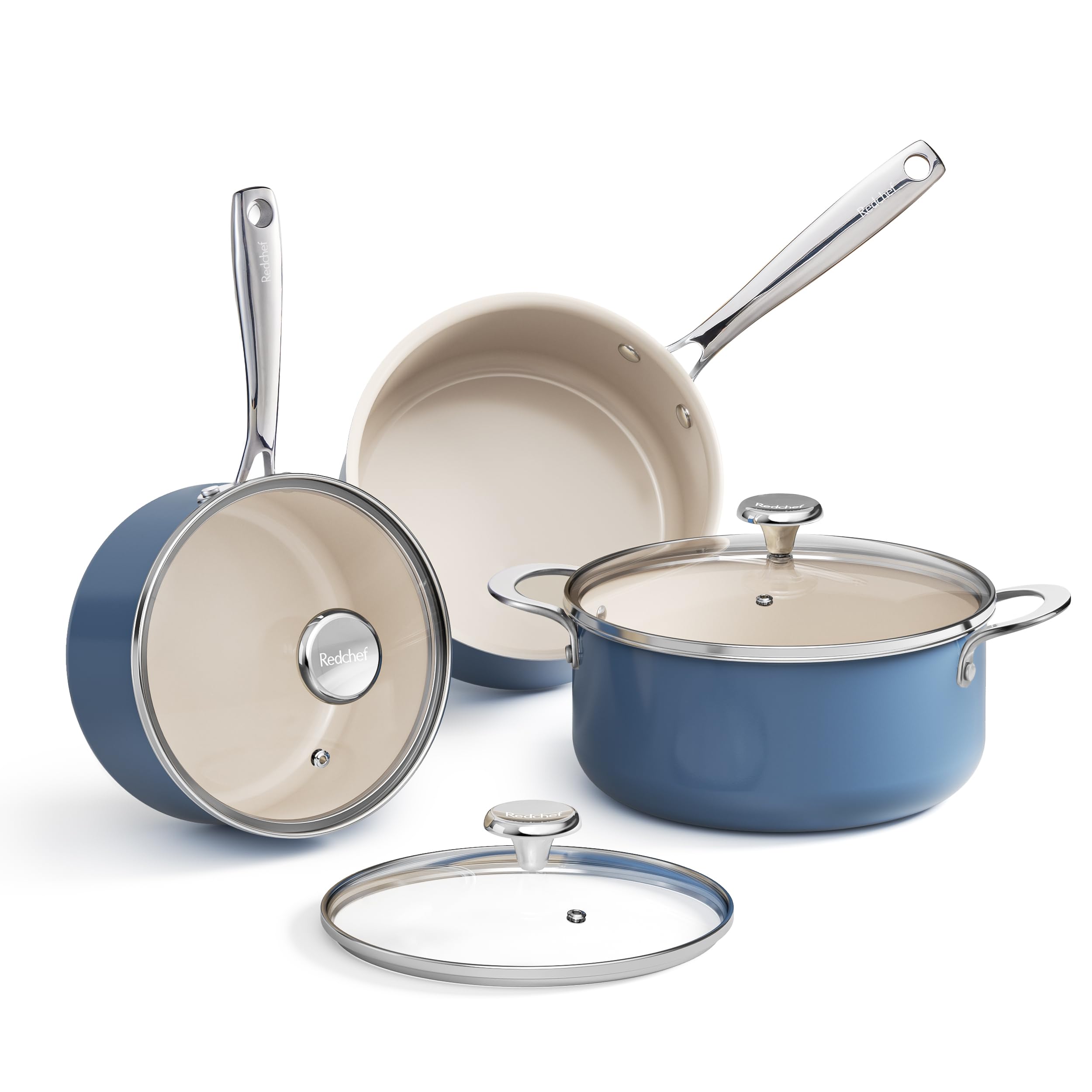 Redchef Kitchen Nonstick Stock Pot Saucepan Set With Lids, 2.5Qt, 3.5Qt & 5Qt Multifunctional Stock Pots Set, Non Toxic With Sta