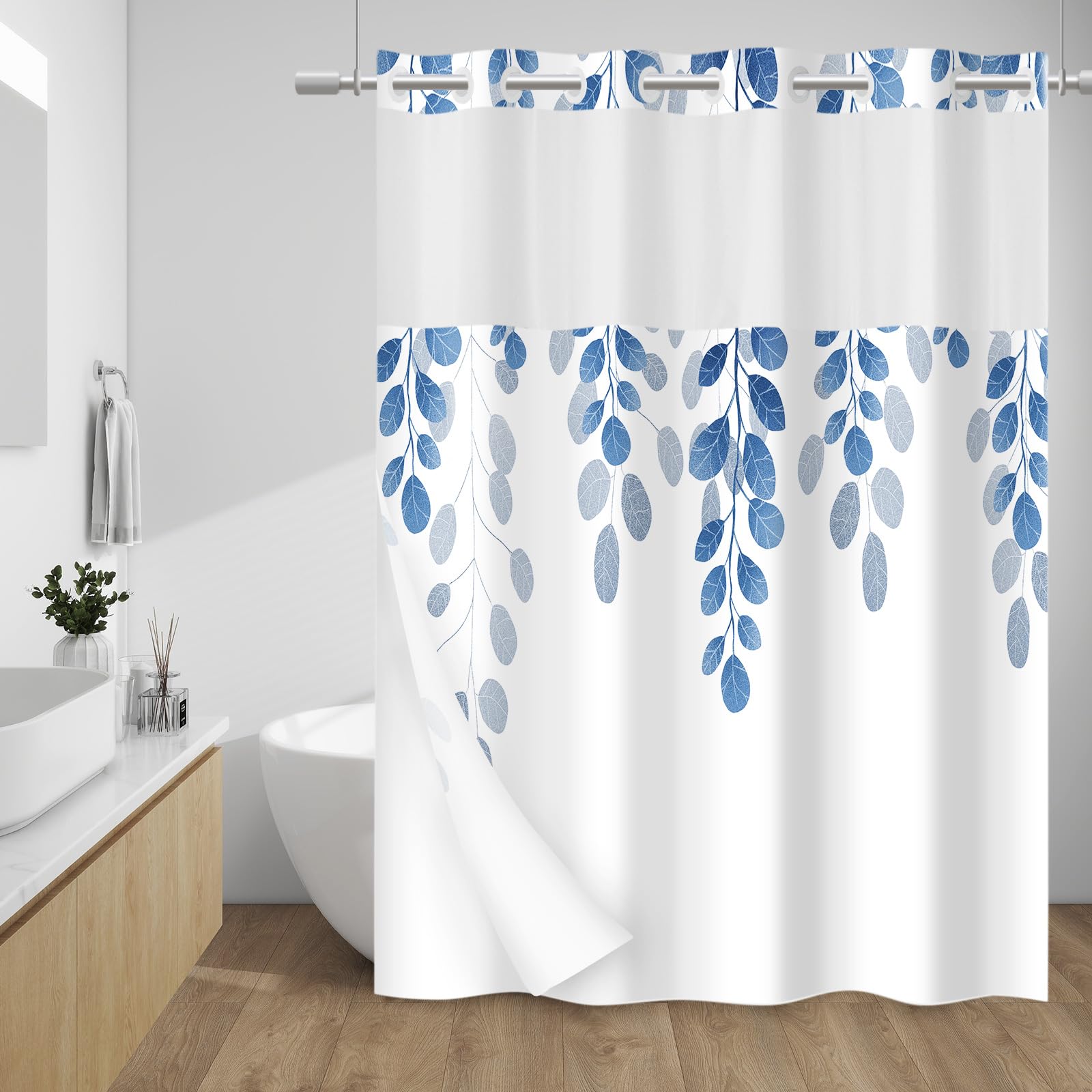 Withloc No Hook Shower Curtain With Snap In Liner - Eucalyptus Shower Curtain - Fabric Waterproof Inner Liner, Plants Blue Leave