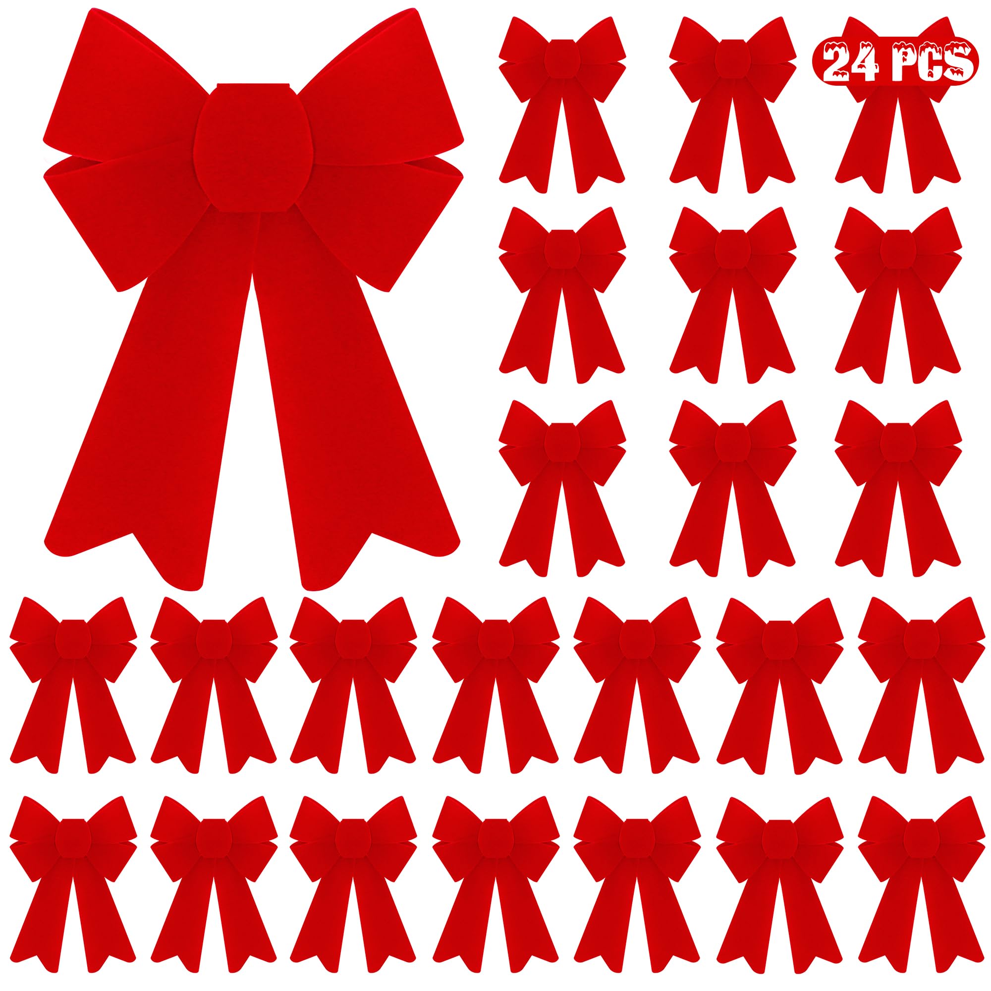 24 PCS Christmas Bows, Christmas Tree Decor, 5 x 8 Inch Red Christmas Bows, Velvet PVC Large Christmas Bows Indoor Outdoor Xmas 
