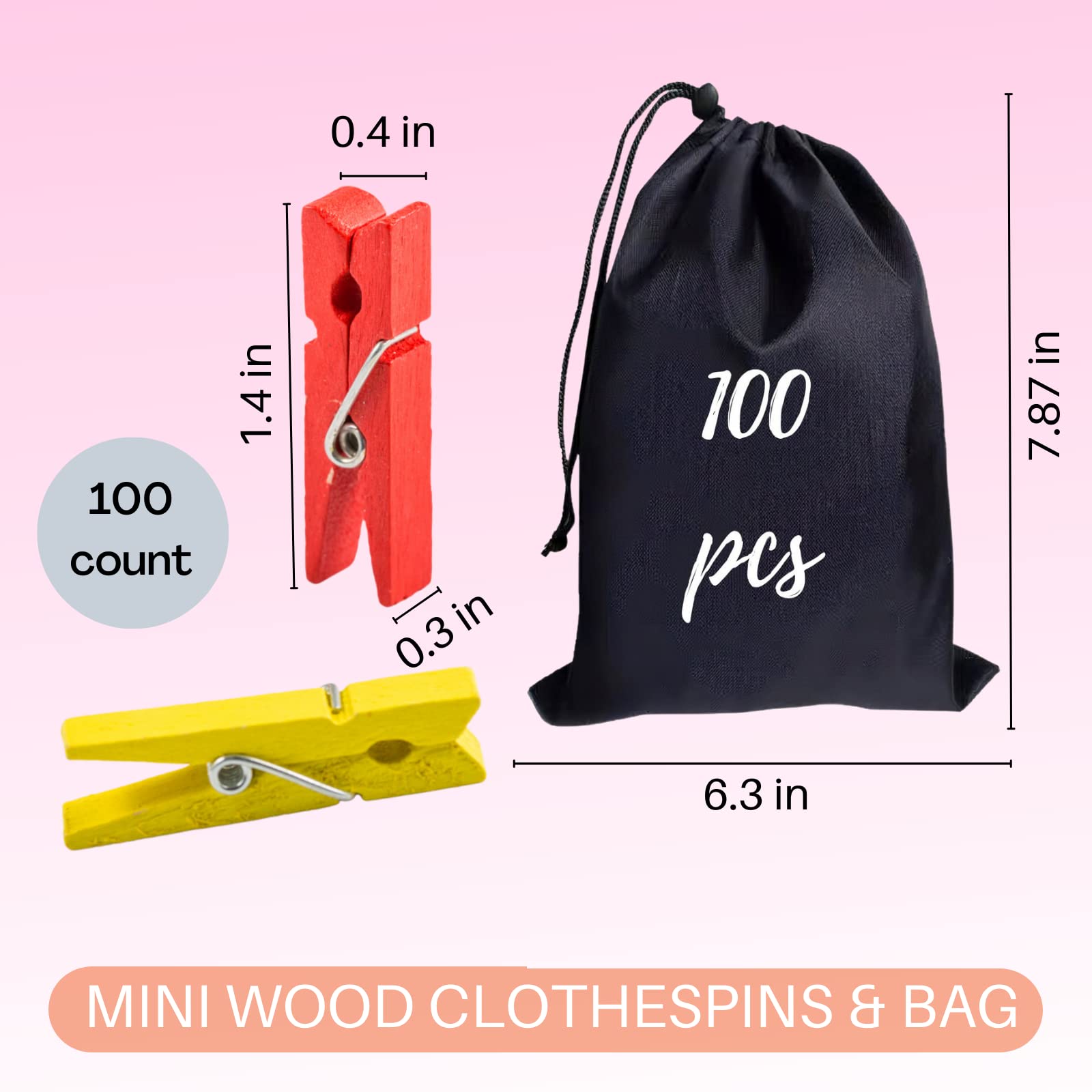 Clothes Pins  Small Clothes Pins for Photos  1.4 ' ' 100 PCS Natural Birchwood Mini Clothes Pins  Strong Springs Colorful clothespins with Storage Bag Mini Clothespins for Photos  Crafts  Pictures  Arts