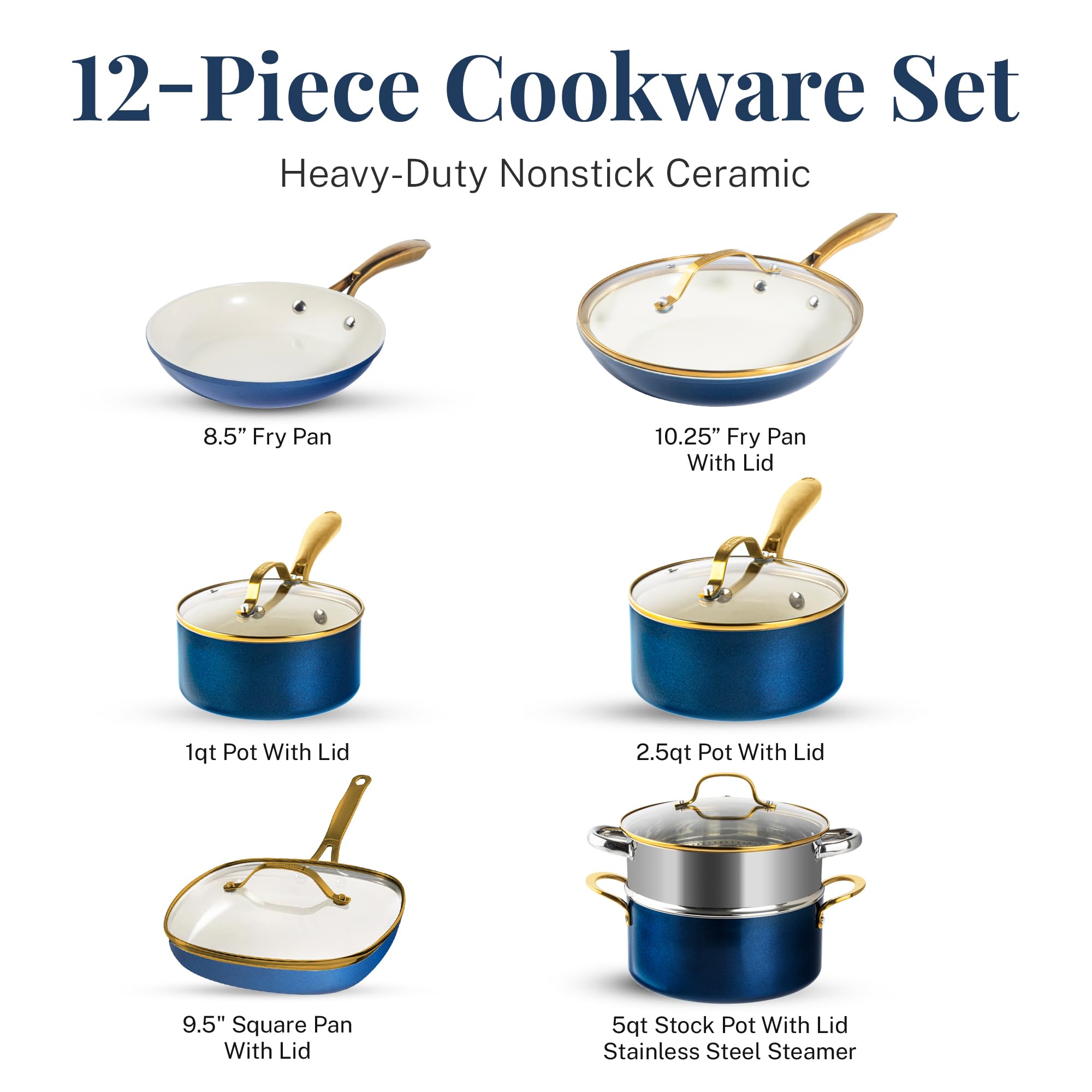 GOTHAM STEEL 12 Pc Nonstick Ceramic Cookware Set, Navy Gold, PFOA Free, Oven & Dishwasher Safe, Model 2608