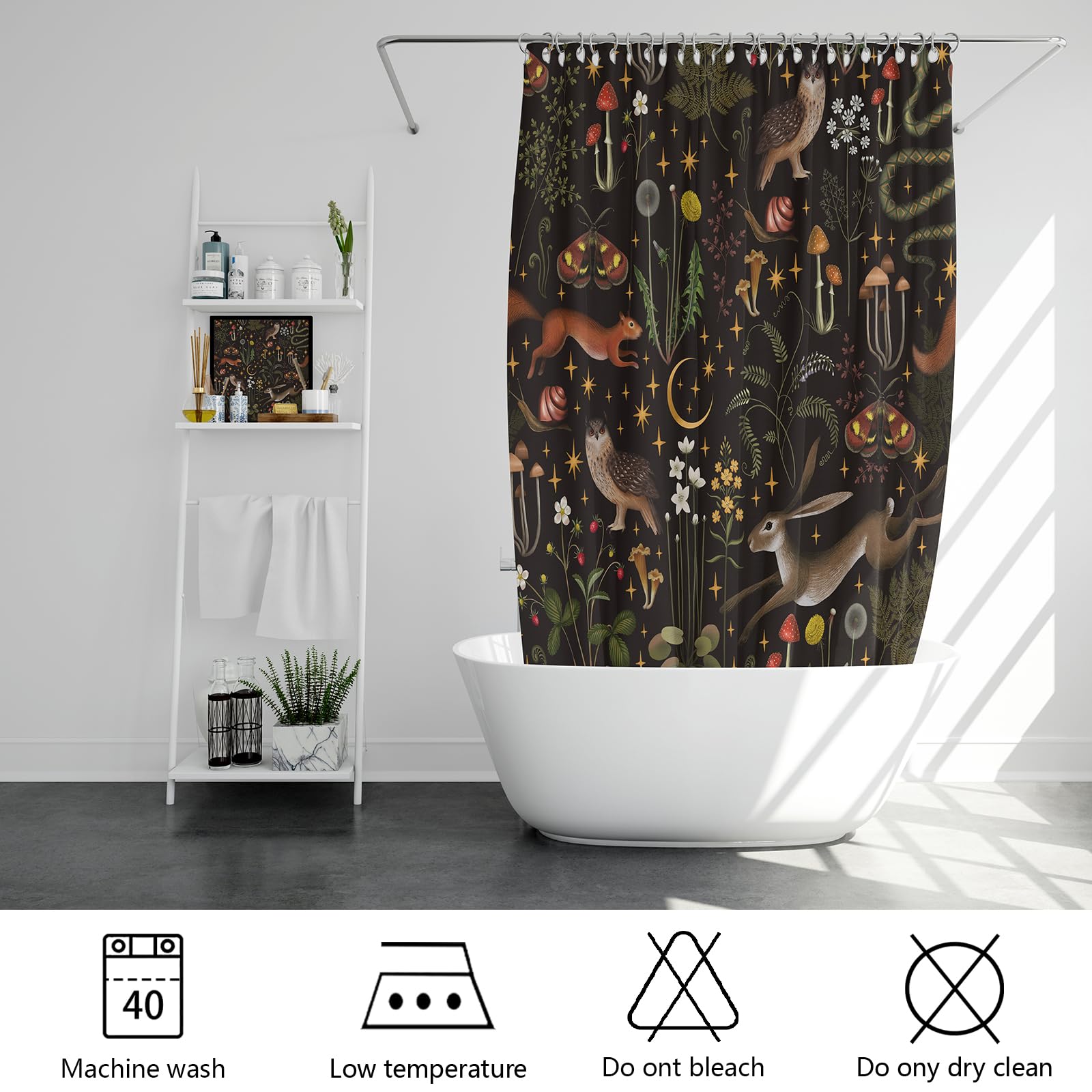 Fairy Rustic Forest Shower Curtain, Boho Cute Funny Gothic Vintage Mushrooms Woodland Wild Animals Butterfly Shower Curtain For