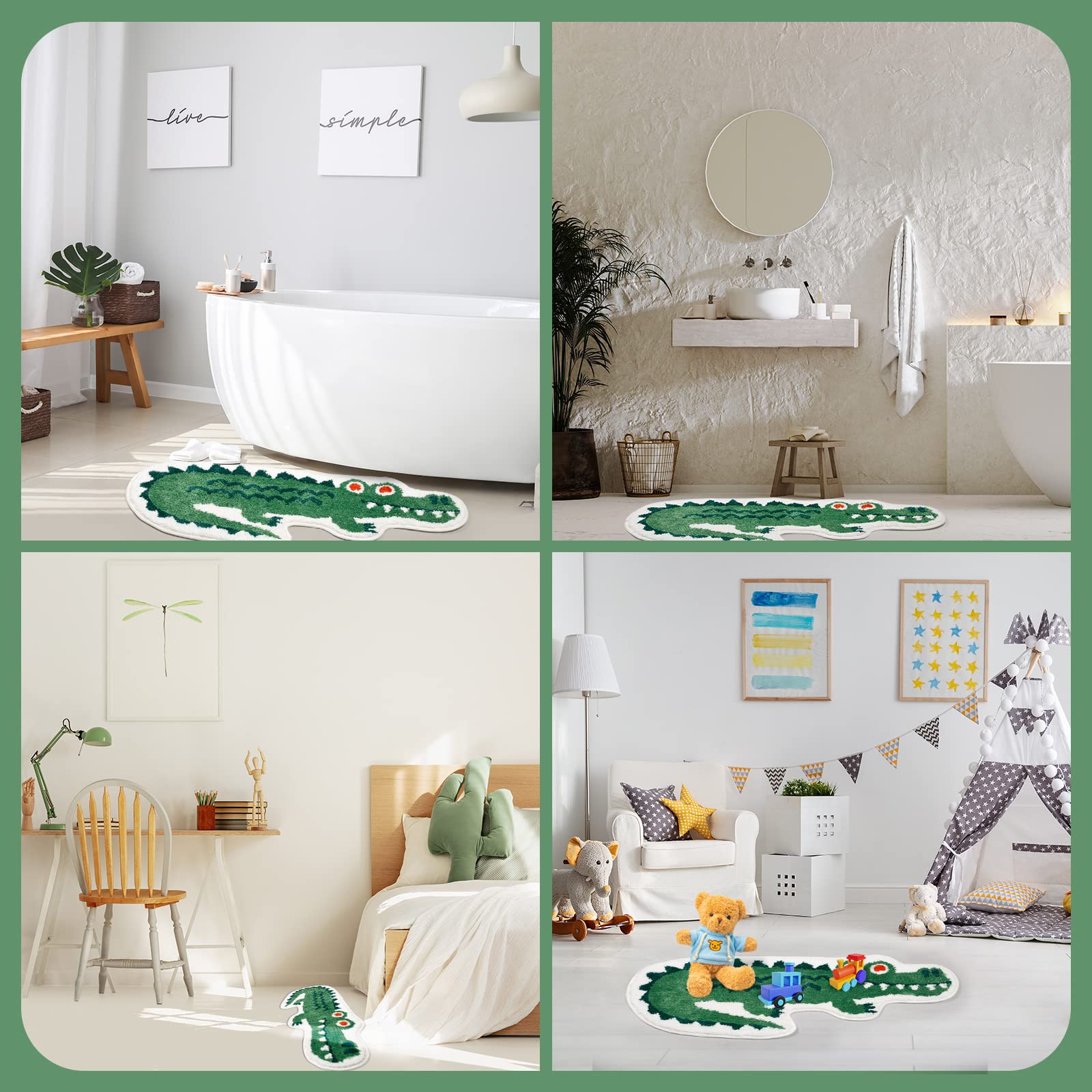 Crocodile Shaped Bath Mat For Bathroom, Cute Green Animal Bathroom Rug Non-Slip Door Mat Cartoon Alligator Bathroom Shower Rug A