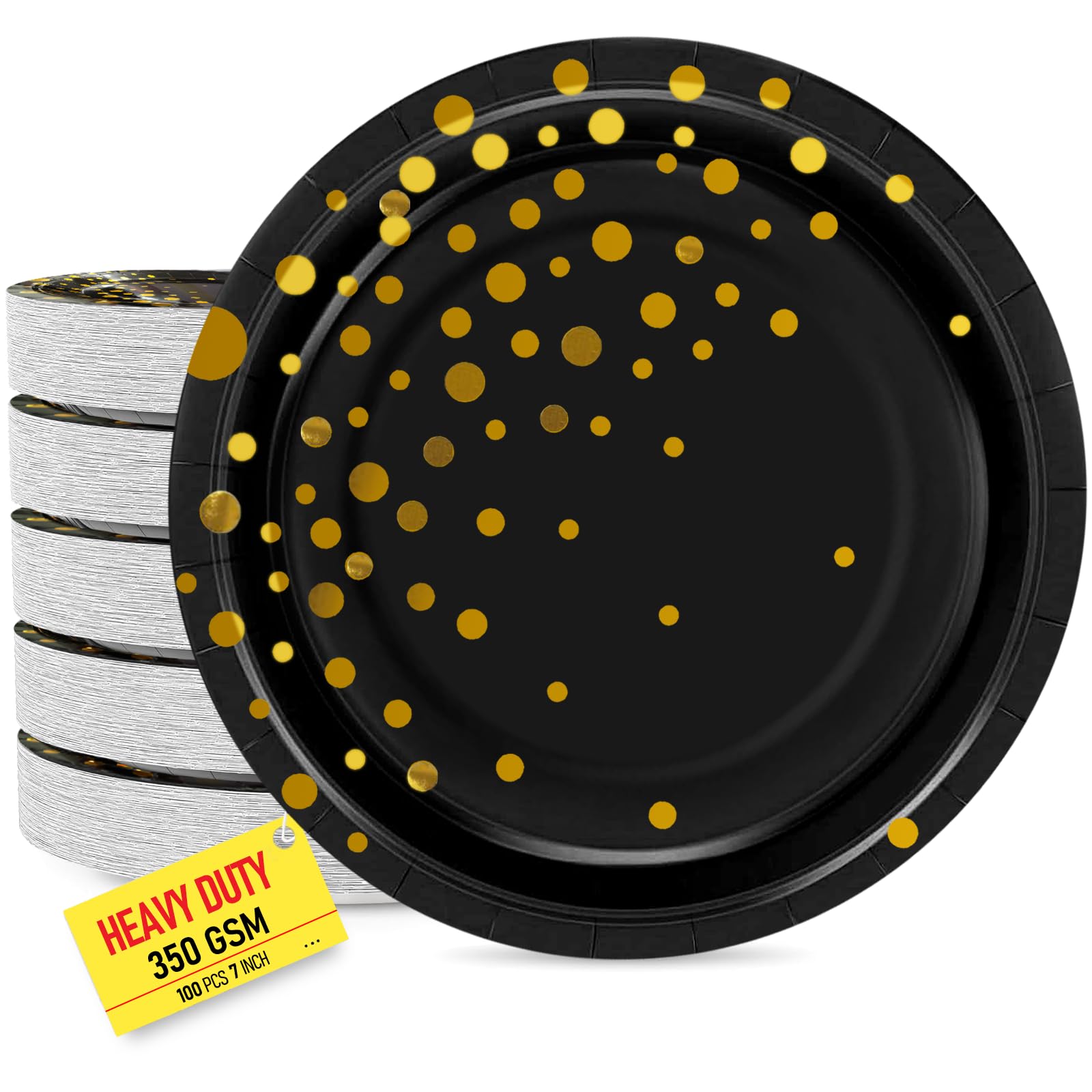 100 PCS Disposable Paper Plates for Party Supplies, Black and Gold Dessert/Cake Plates, Heavy Duty Gold Plate for Party, Birthda