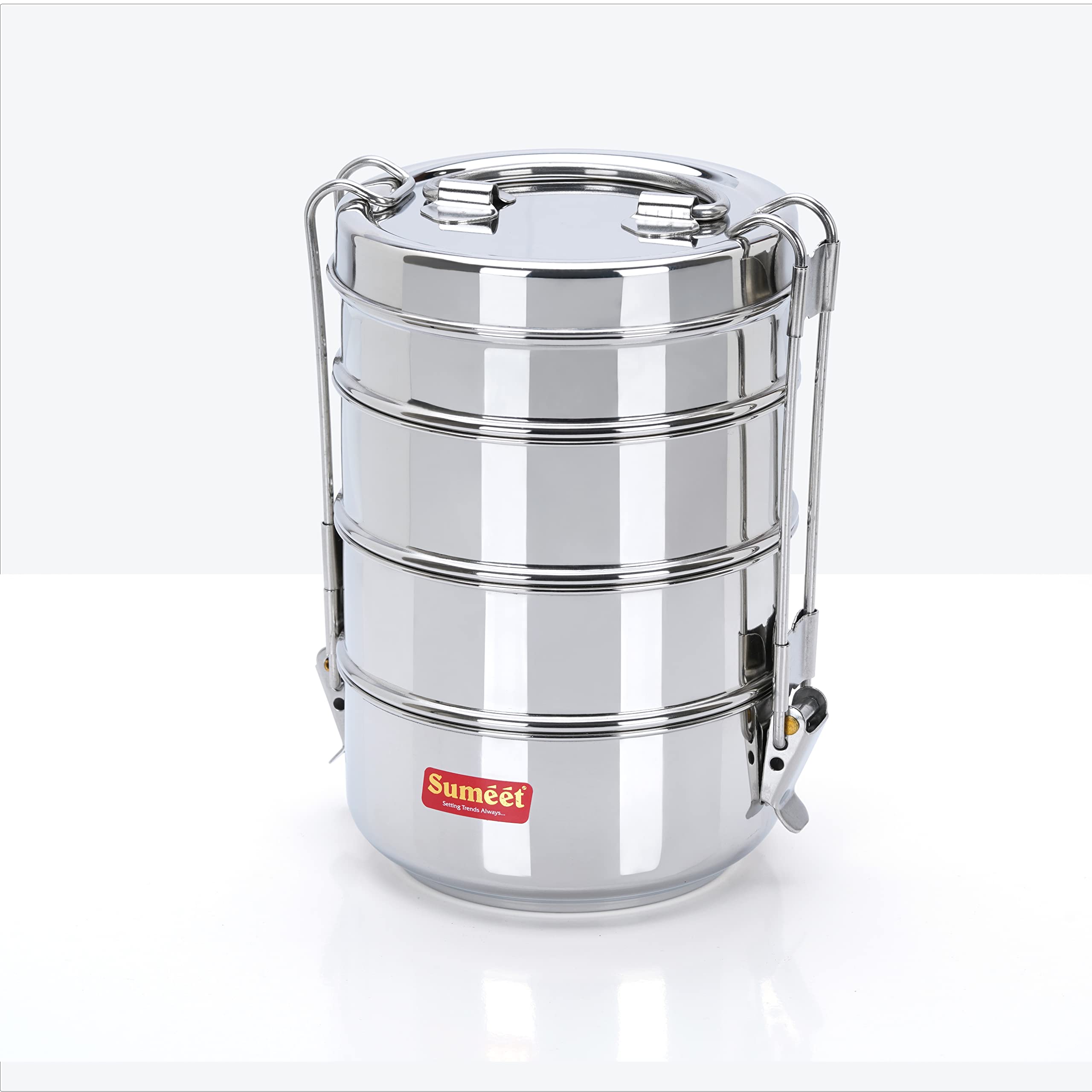 Sumeet Stainless Steel 4 Compartment Lunch Box/Tiffin With Lid And Handle, 13Cm Dia, (2550Ml, Silver)