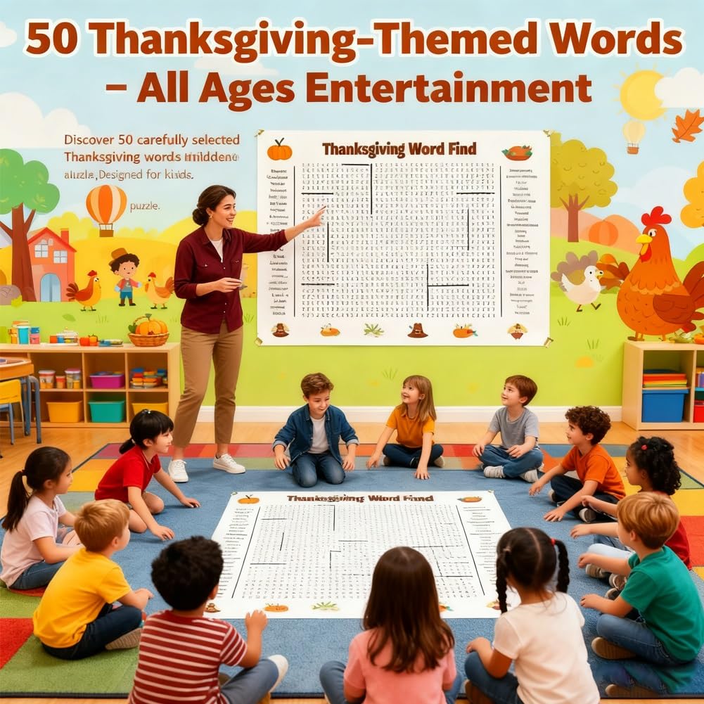 BLOCKv Jumbo Thanksgiving Word Search Poster, Giant 36x24 Wall Game for Families, Interactive Holiday Activity Poster for Thanks