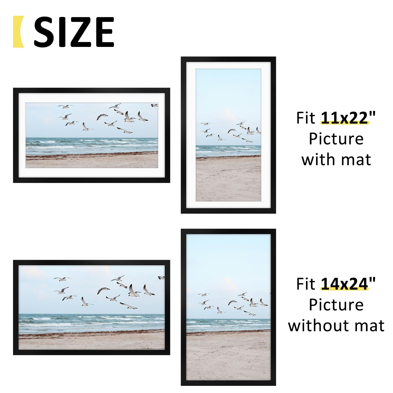 Frametory, 14x24 Frames Display 11x22 Picture with Mat or 14x24 Photo Without Mat, Shatter-Resistant Glass, Pre-Installed Wall M