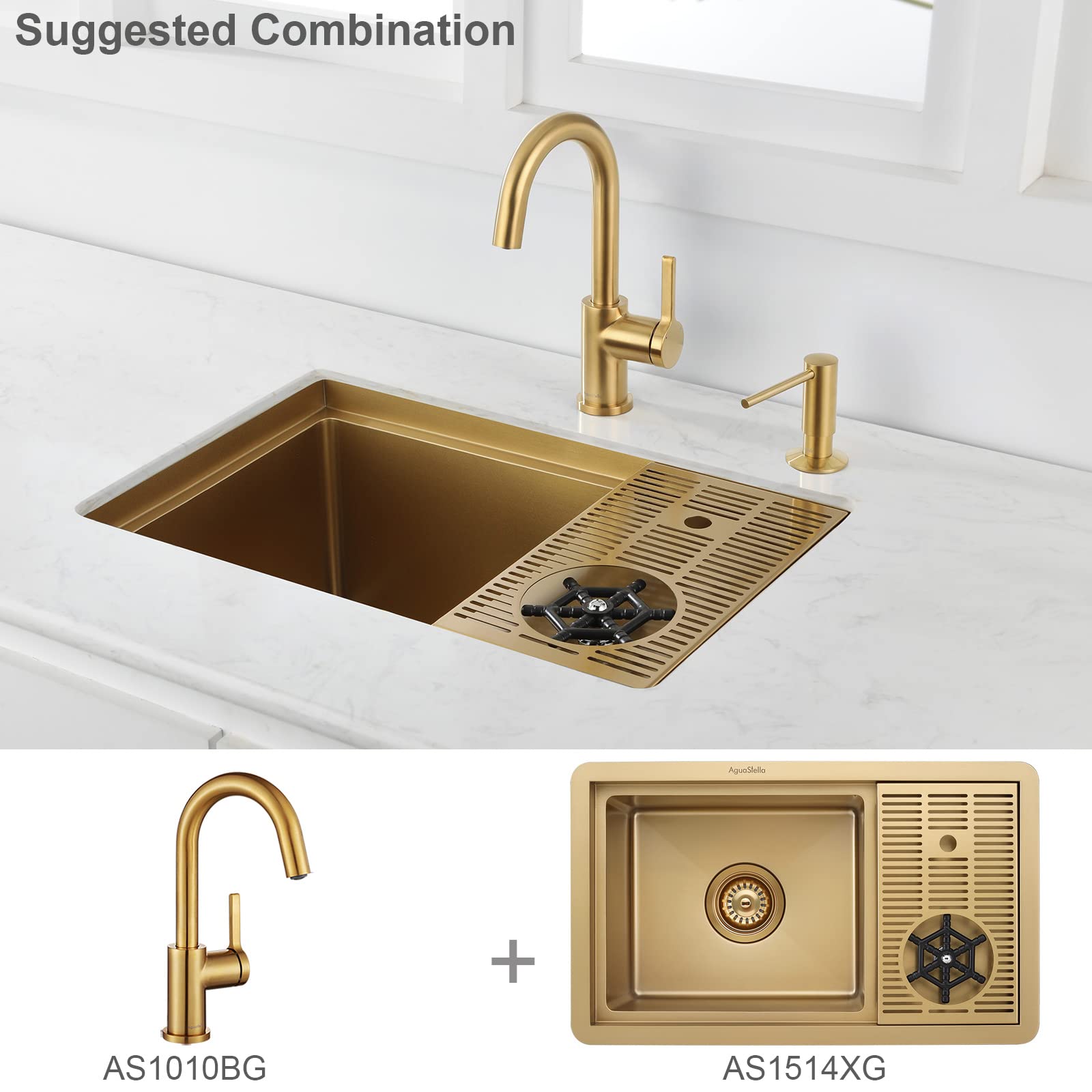 AguaStella AS1010BG Brushed Gold Bar Faucet or Prep Kitchen Sink Faucet with Single Handle