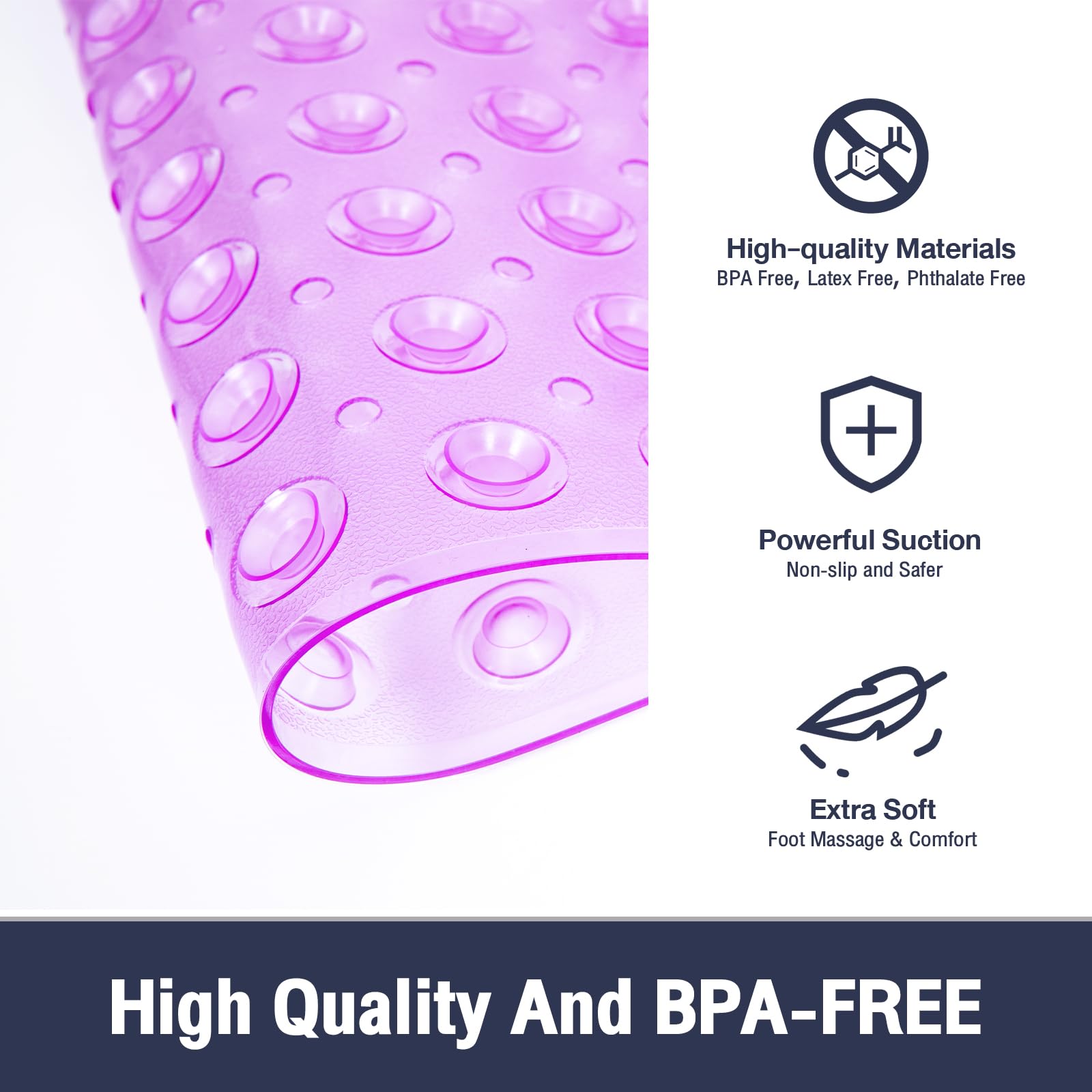 Naoloture Extra Long Bathtub Mat Non Slip, Clear Purple Soft Bath Mat For Tub 40 X 16 Inch Full Size, Bath Tub Shower Mats For B