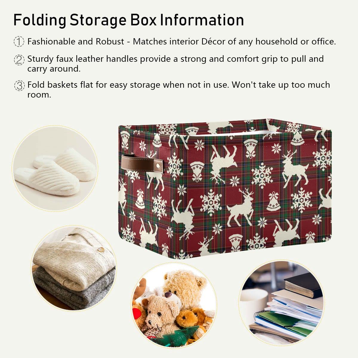 Christmas Bells Reindeer Storage Basket Fabric Laundry Baskets Winter Snowflake Xmas Red Green Buffalo Plaid Storage Boxes Organ
