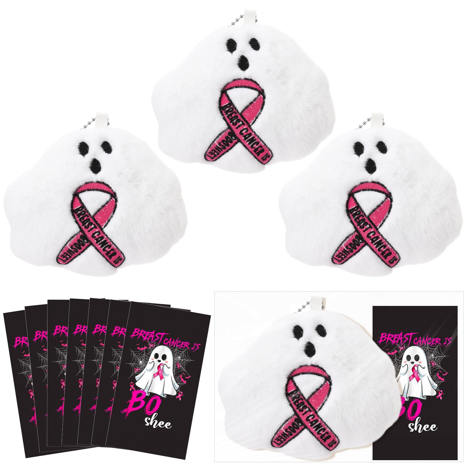 Hotop 20 Sets Breast Cancer Awareness Keychains Bulk, Halloween Ghost Plush Pink Ribbons Boo with Cards and Bags Motivational Gi
