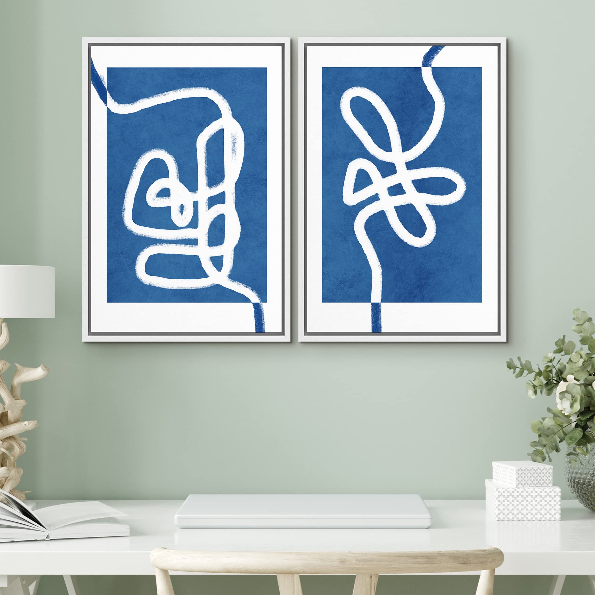 SIGNWIN Framed Wall Art Print Set White Line Contrasting Blue Backround Abstract Swirly Digital Art Modern Art Mid-Century Modern Expressive for Living Room  Bedroom  Office - 16''x24''x2 White