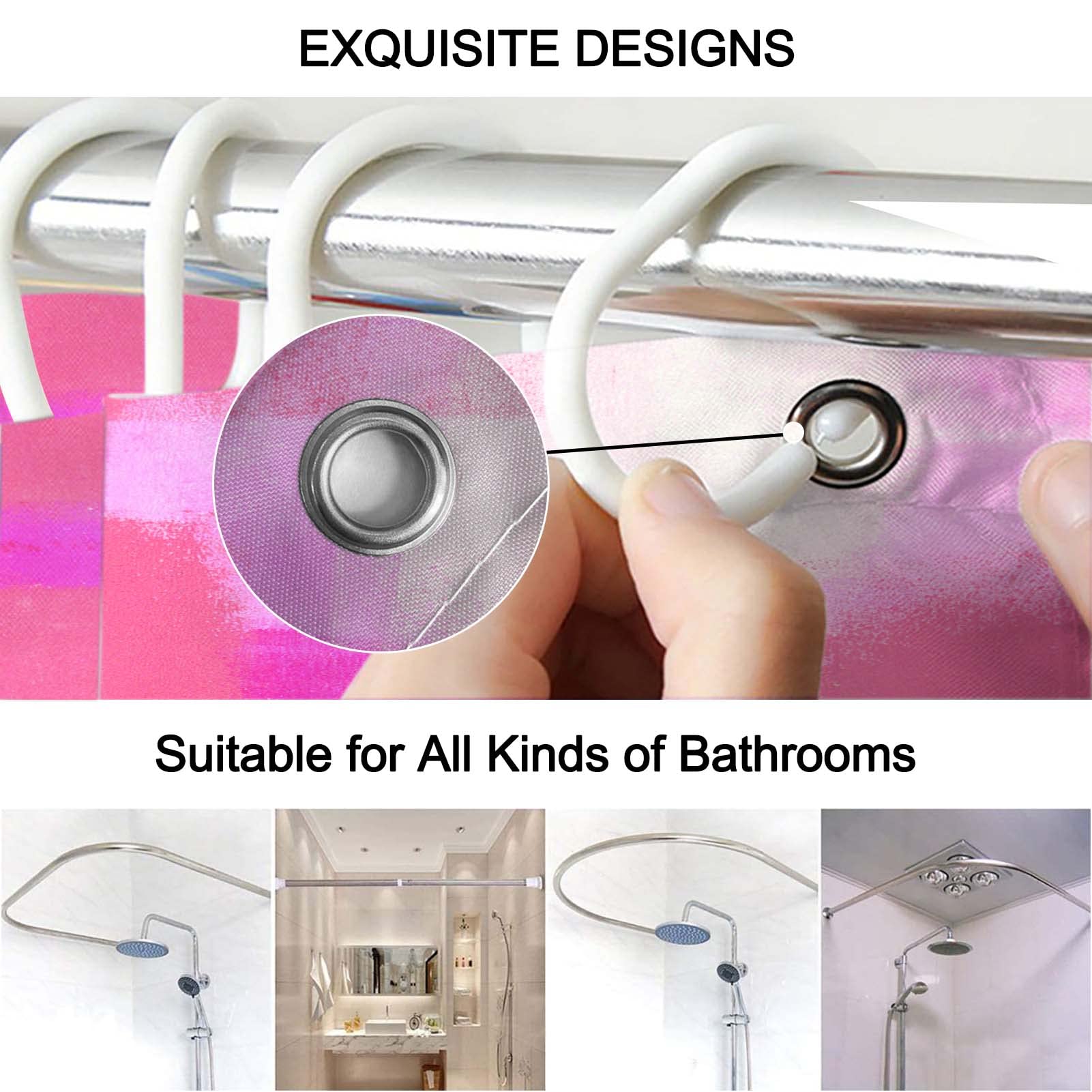 Lnond 4Pcs Bathroom Shower Curtain Sets With Rugs, Pink And Grey Painting Art Bathroom Sets With Shower Curtain And Rugs And Acc